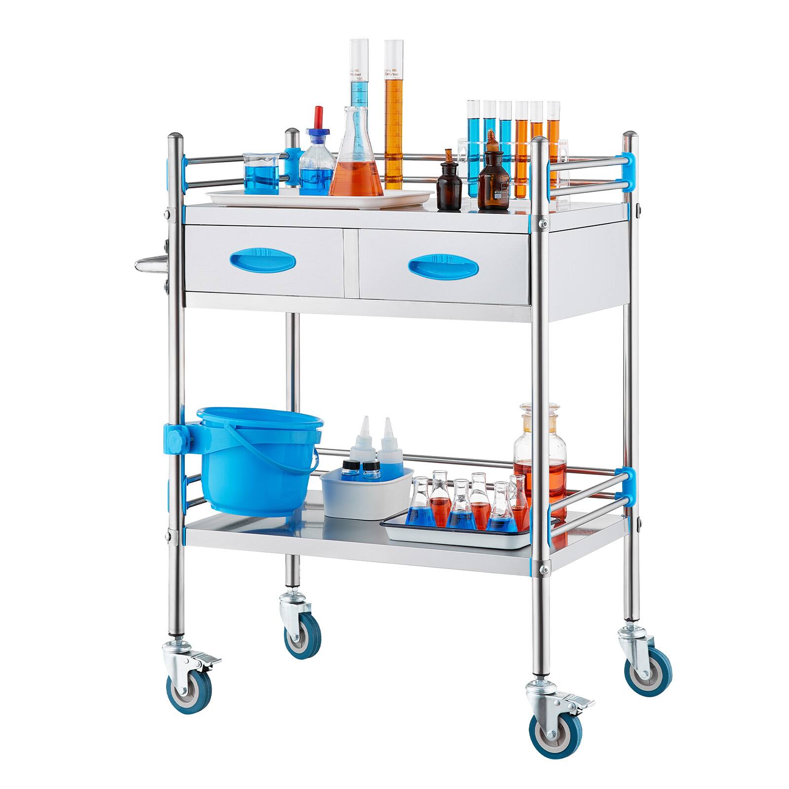 Front. VEVOR - Service Cart, 2 Layers Stainless Steel Utility Rolling Cart, Medical Cart with Two Drawers, Lockable Wheels and A Bucket - Silver.