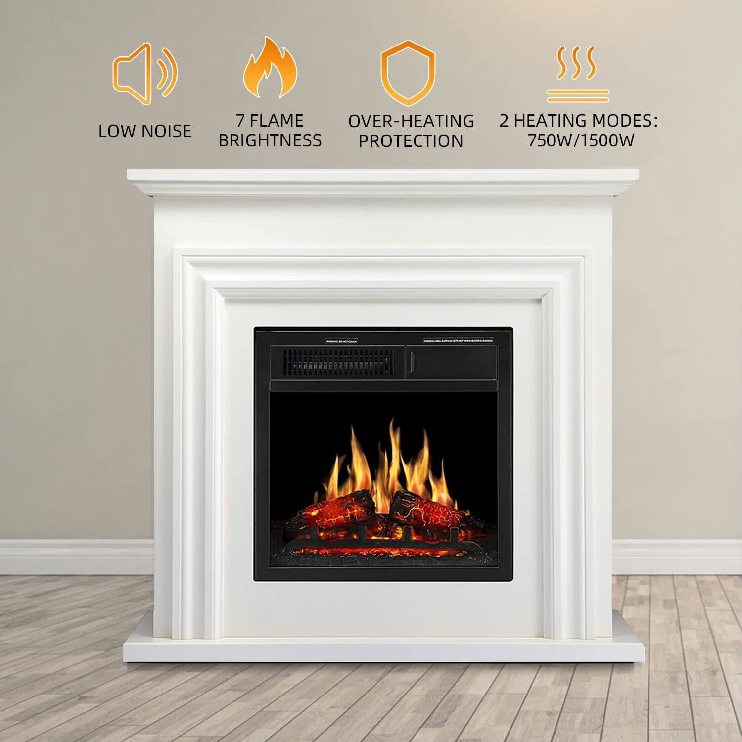 - LOW NOISE
- 7 FLAME BRIGHTNESS
- OVER-HEATING PROTECTION
- 2 HEATING MODES: 750W/1500W