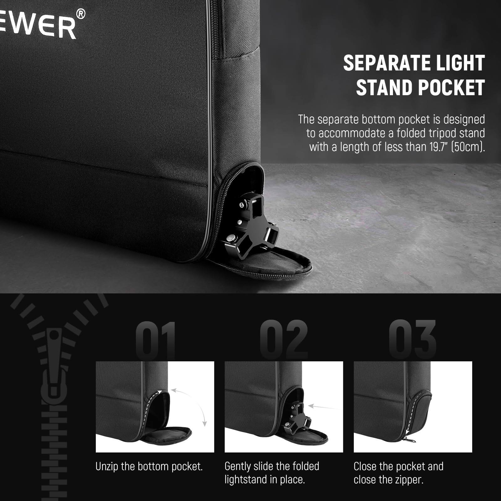 SEPARATE LIGHT STAND POCKET

The separate bottom pocket is designed to accommodate a folded tripod stand with a length of less than 19.7" (50cm).

01 Unzip the bottom pocket.

02 Gently slide the folded lightstand in place.

03 Close the pocket and close the zipper.