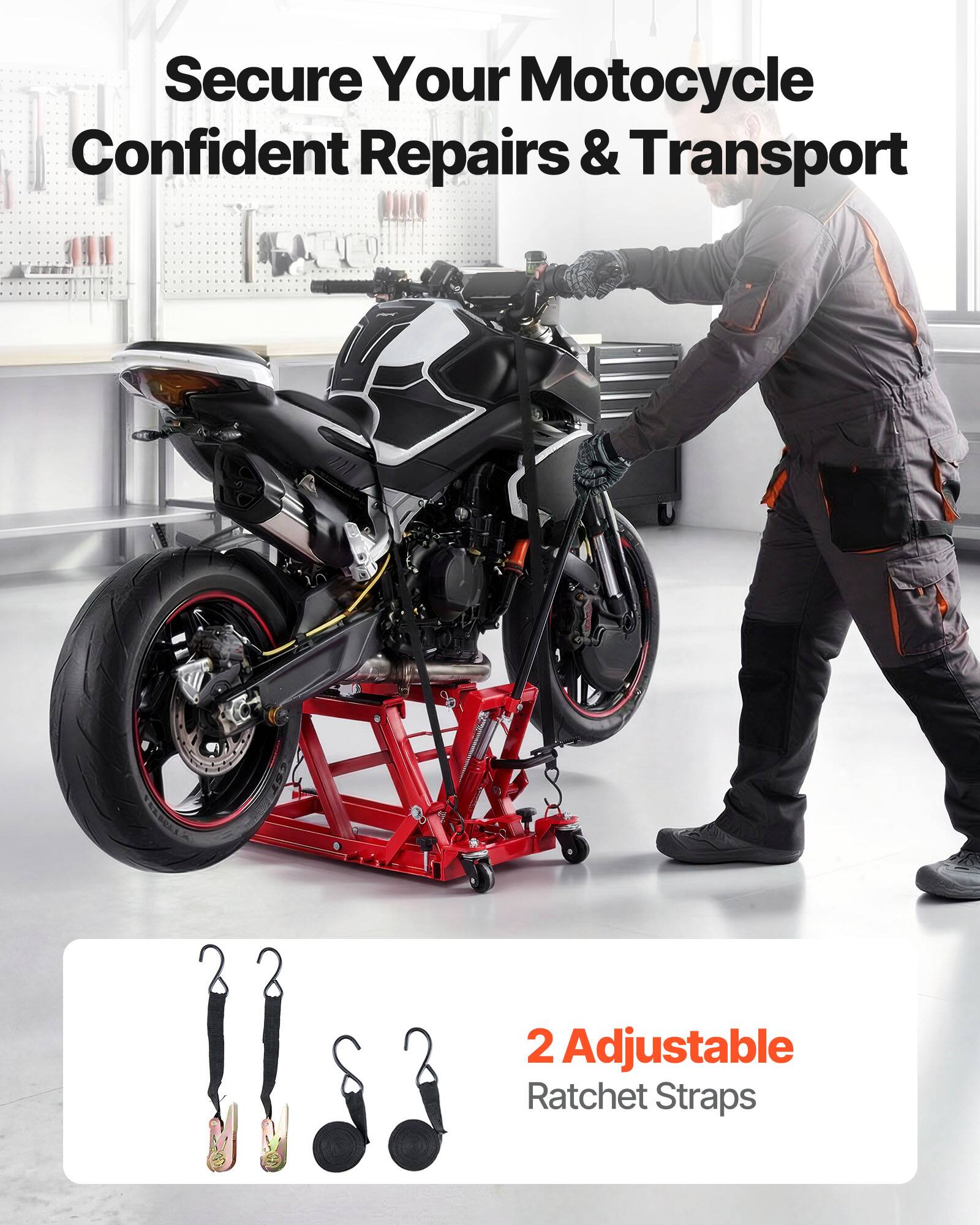 Secure Your Motorcycle  
Confident Repairs & Transport  

2 Adjustable Ratchet Straps
