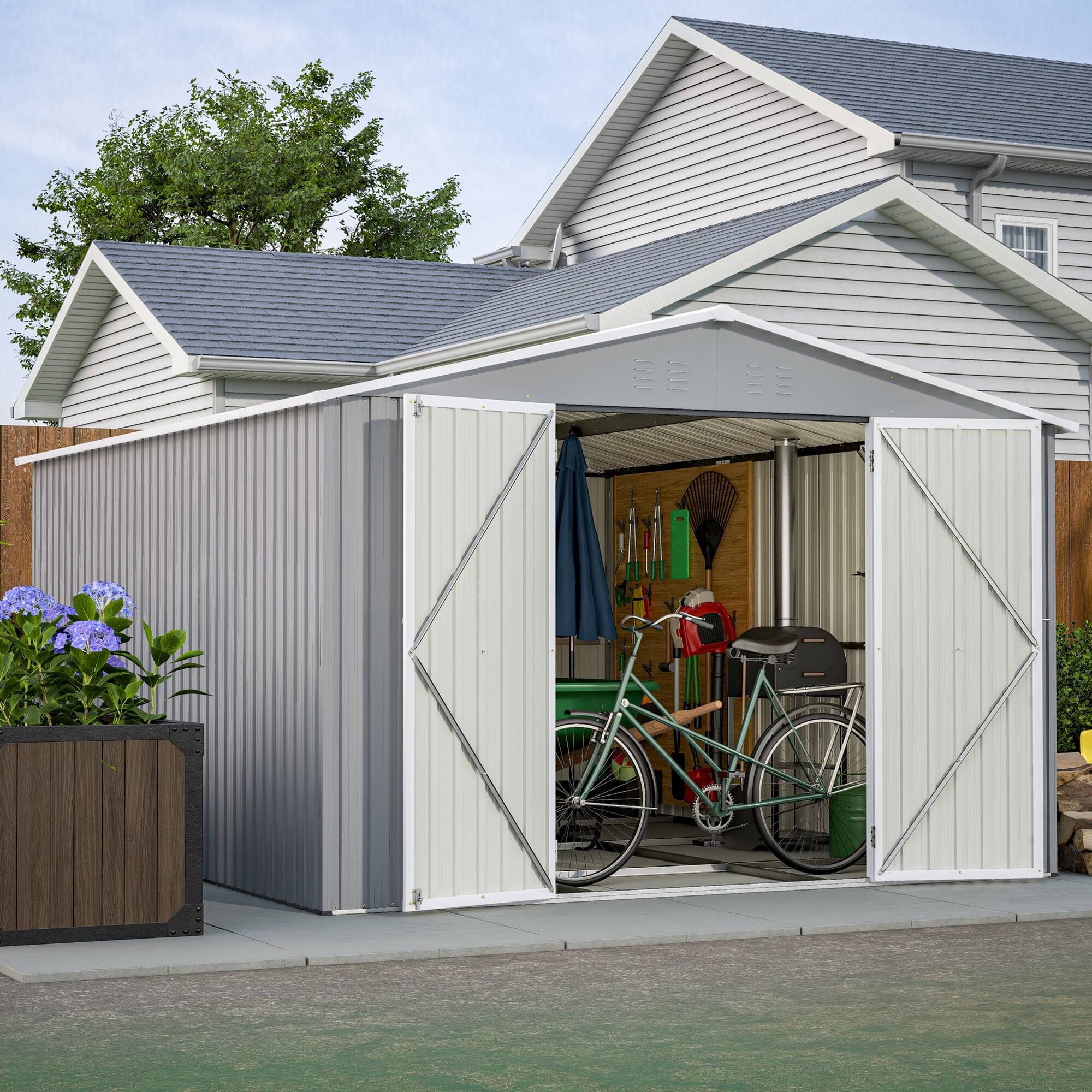 Alt View 4. Loheer - Loheer 10x12 ft Galvanized Steel Outdoor Storage Shed with Floor Frame and Double Lockable Doors Gray Metal Tool Shed.