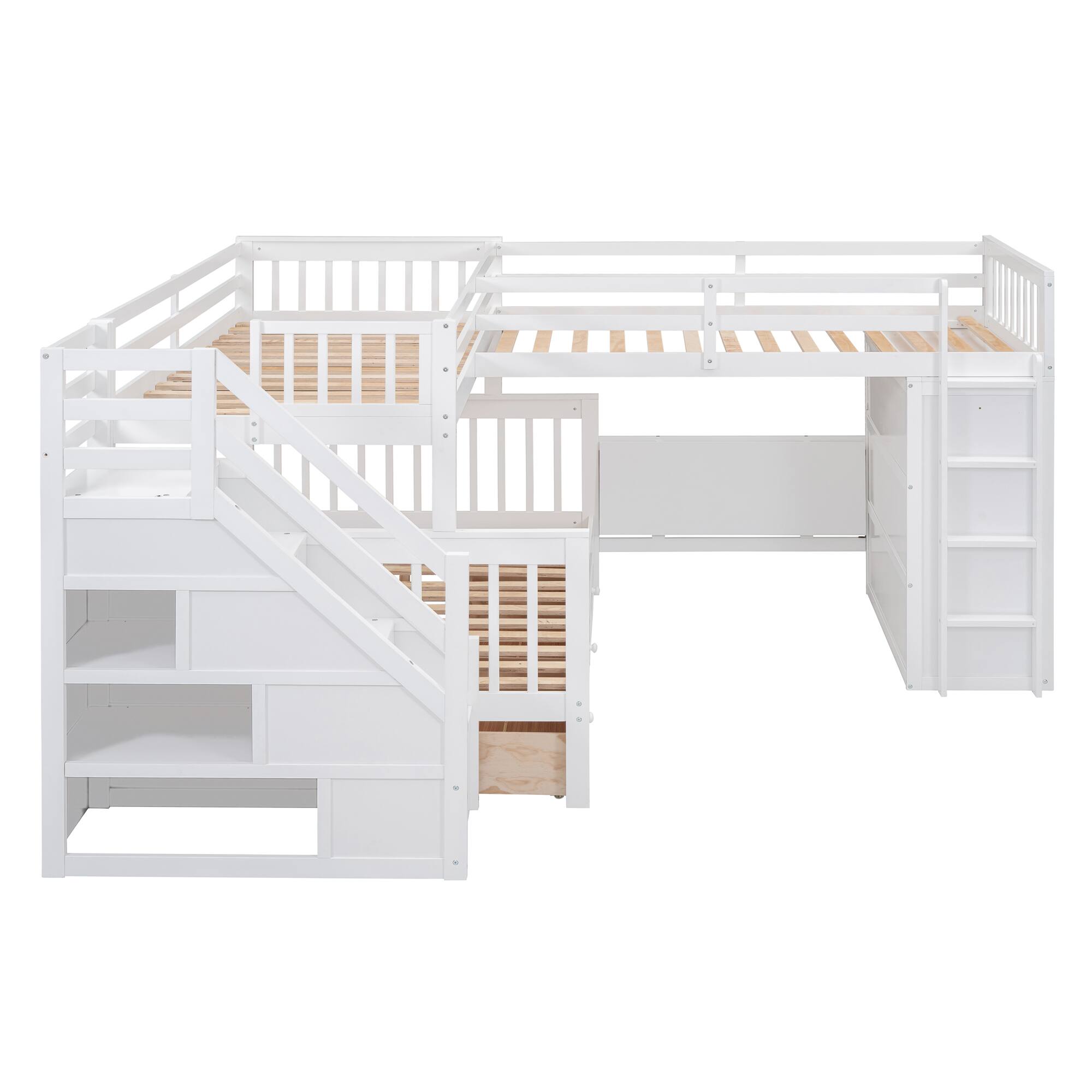 Alt View 4. Tiramisubest - Twin-Twin L-Shaped Bunk Bed, 3 Drawers, Portable Desk, Wardrobe, White - White.