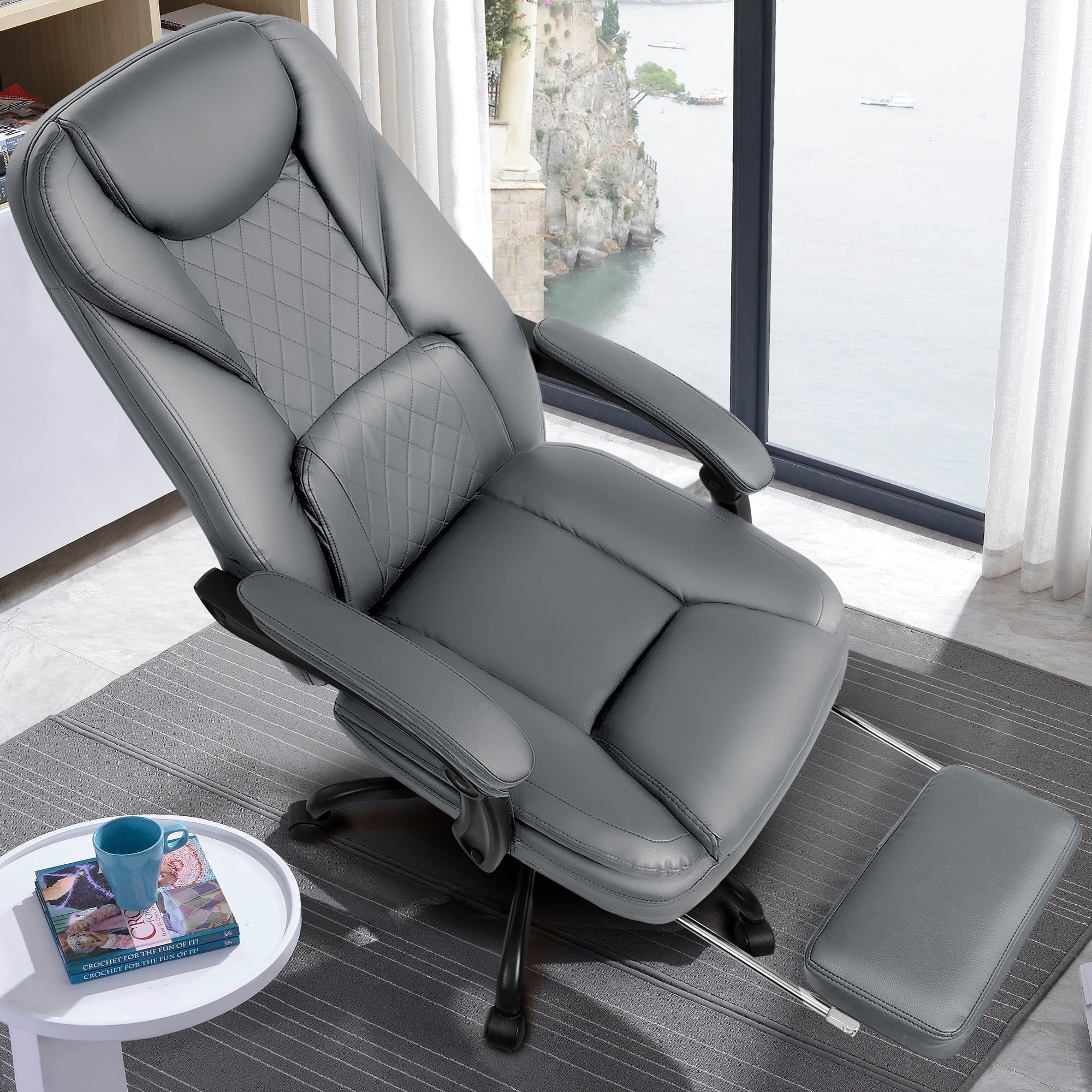 KERDOM - High Back Executive Leather Office Chair with Footrest, Swivel Ergonomic Reclining Computer Chair with Padded Armrests - Gray