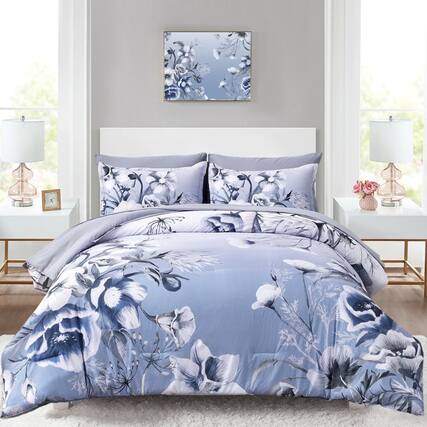 Front. Comfort Essence - Floral Comforter Set 7 Piece Flower Bed In A Bag Elegant With Sheet Soft Microfiber Bedding For All Season - Blue Purple-Queen Size.