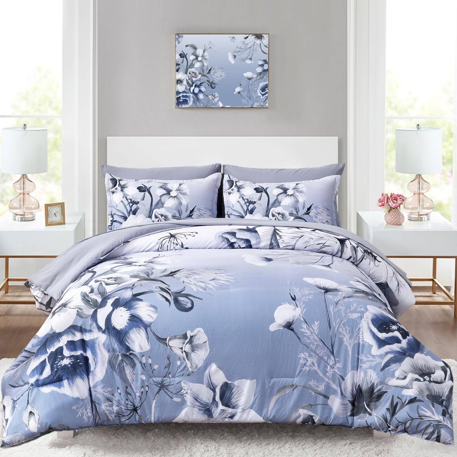 Comfort Essence - Floral Comforter Set 7 Piece Flower Bed In A Bag Elegant With Sheet Soft Microfiber Bedding For All Season - Blue Purple-Queen Size