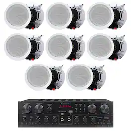 Technical Pro - 4-Channel 1000W Bluetooth Receiver Kit with 8Qty 5.25" 2-Way In-Ceiling Speakers, RCA and USB Inputs - Black, White