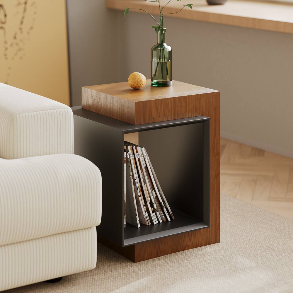 Angle. POVISON - 18" Modern Wood Side Table with Storage, Minimalist Square Fluted End Table, Walnut & Black - Walnut & Black.