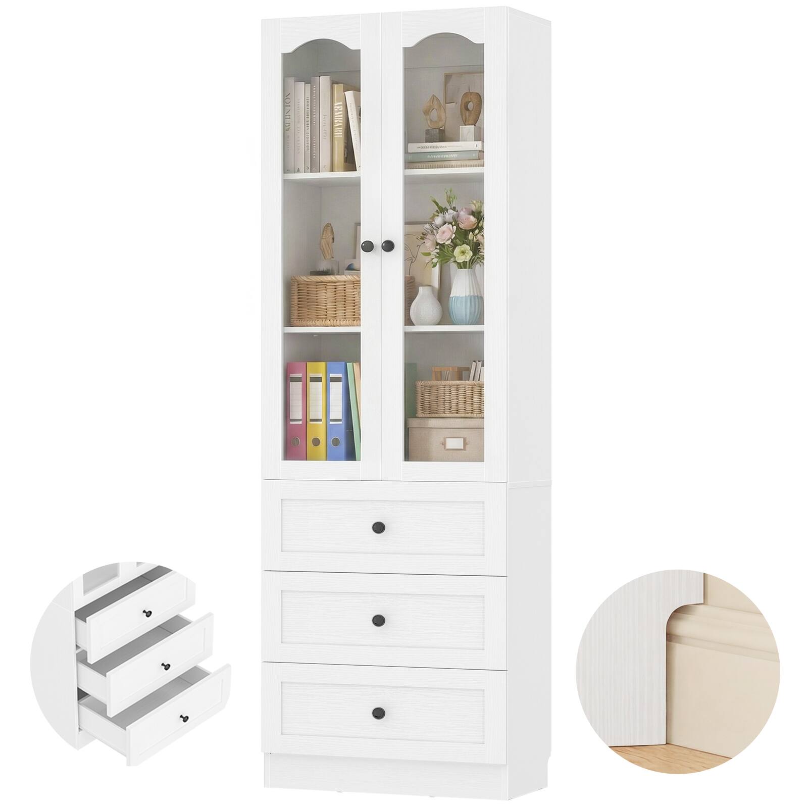 Angle. Aheaplus - 80'' Tall Bookcase with 3 Drawers, Glass Doors, and 3-Tier Shelves - White.