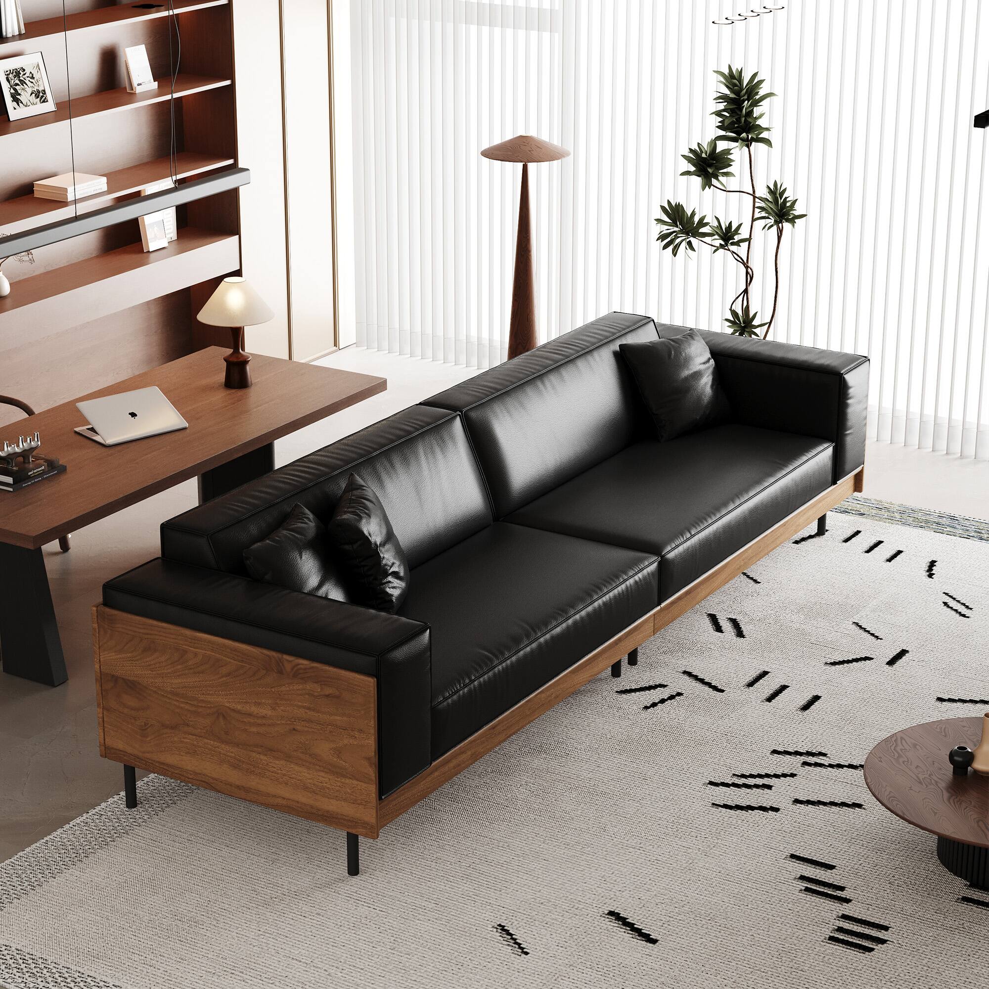 Alt View 2. luck idea - Modern Leather Sofa 106.3" Wide with Solid Wood Frame, Metal Legs and 3 Decorative Pillows - Black.