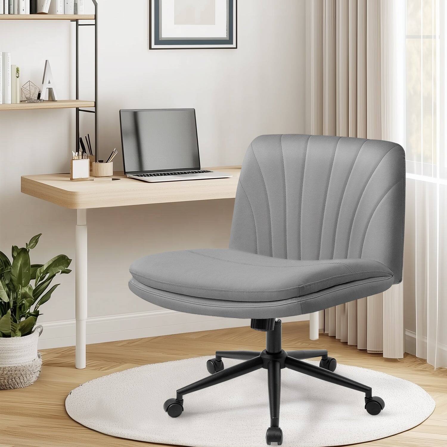 Angle. Neo Chair - Criss Cross Chair with Wheels, Armless Cross-Legged Office Desk Chair, PU Leather Rolling Vanity Chair for Home Office - Leather-Gray.
