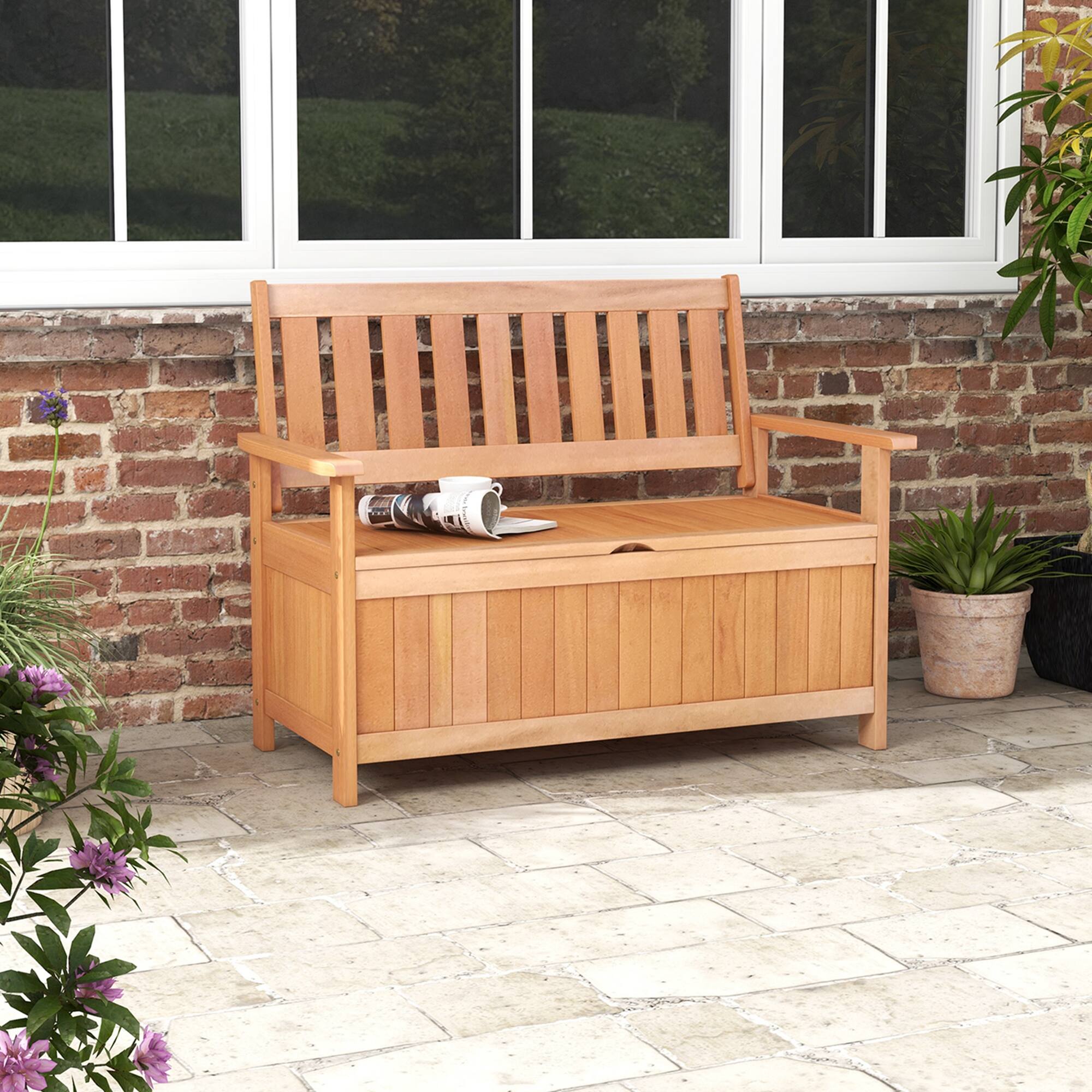 Alt View 1. Costway - Costway 48 Inch Patio Storage Bench Wood Loveseat with Slatted Backrest for Backyard - Natural.