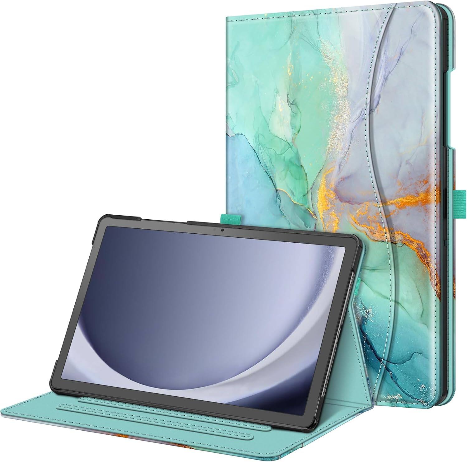 Front. Fintie - Folio Case for Samsung Galaxy Tab A9+ 11 Inch, Model (SM-X210/X216/X218), Multi-Angle Viewing Protective Stand Cover - Emerald Marble.