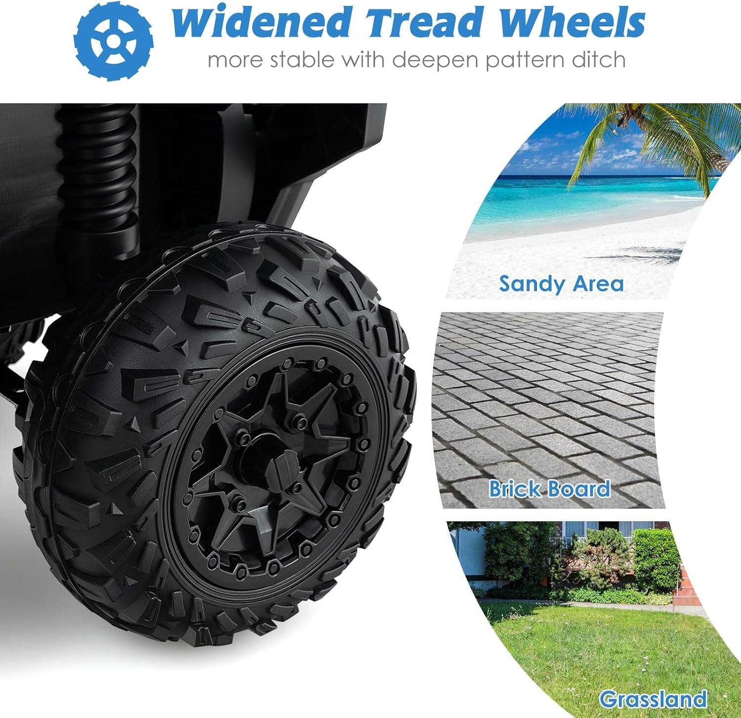 Widened Tread Wheels  
more stable with deepen pattern ditch  

Sandy Area  
Brick Board  
Grassland