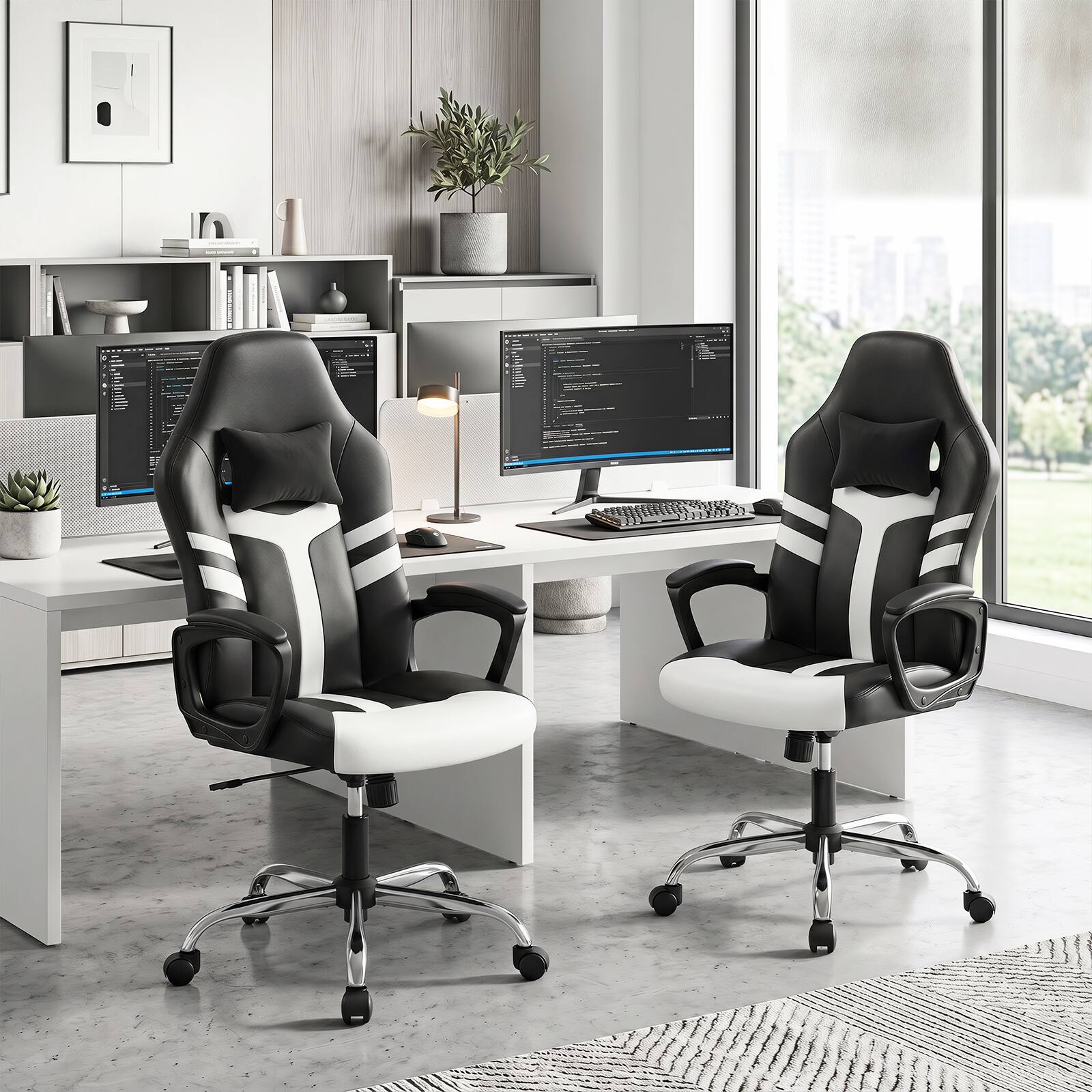 Alt View 3. Costway - Costway Faux Leather Upholstered Office Chair with Removable Head Pillow, Padded Armrests - White + Black.