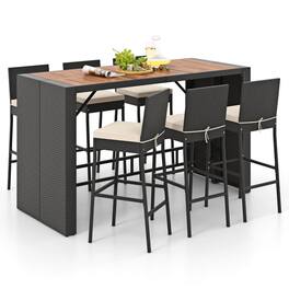 Costway - 7 Pieces Patio Bar Set with Acacia Wood Tabletop & Removable Cushions Outdoor - Black,Off White