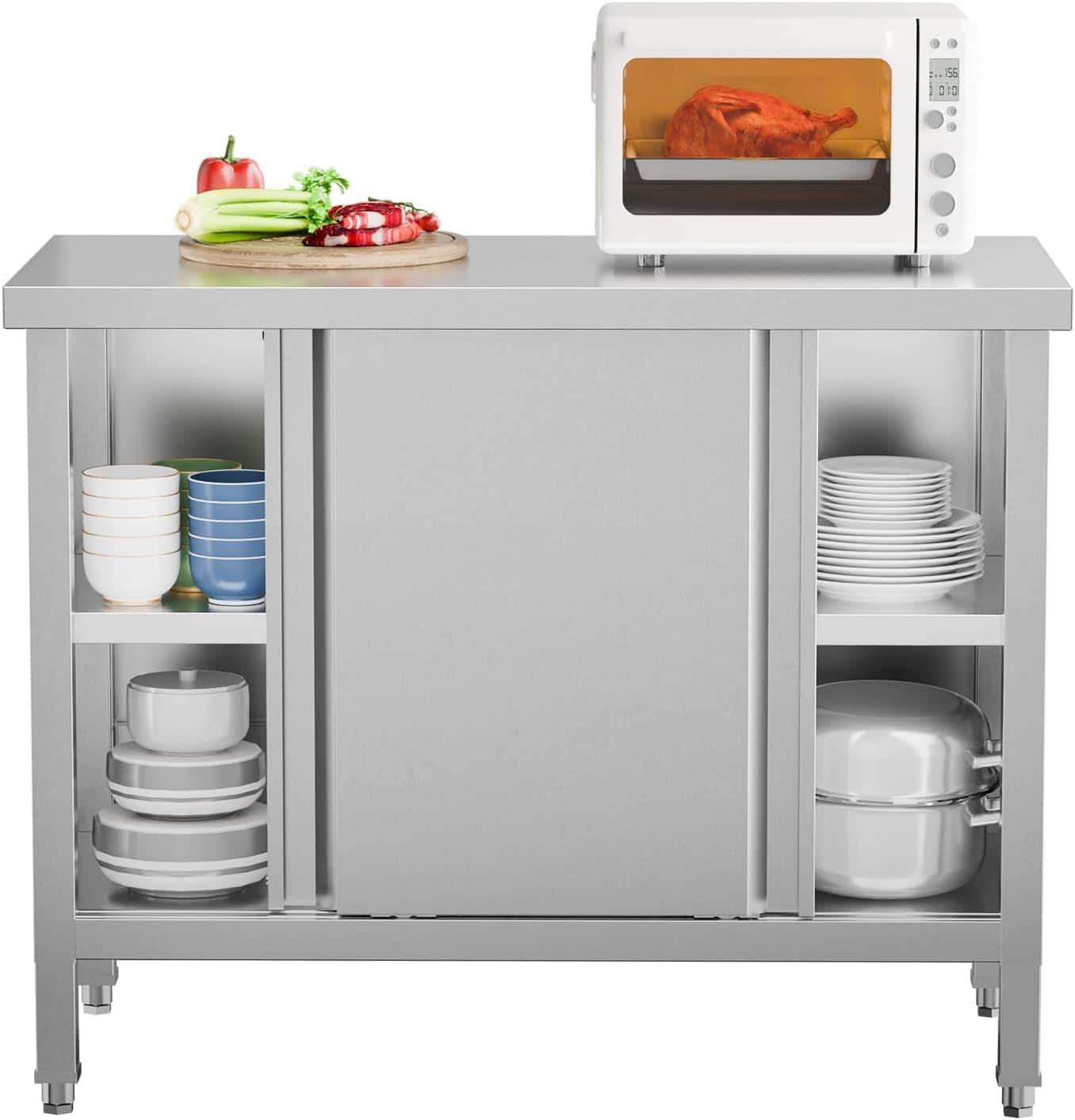 Winado - Commercial Stainless Steel Prep Table Garage Work Table with 2-Tier Cabinet, Sliding Doors, Adjustable & Heightened Feet - Silver