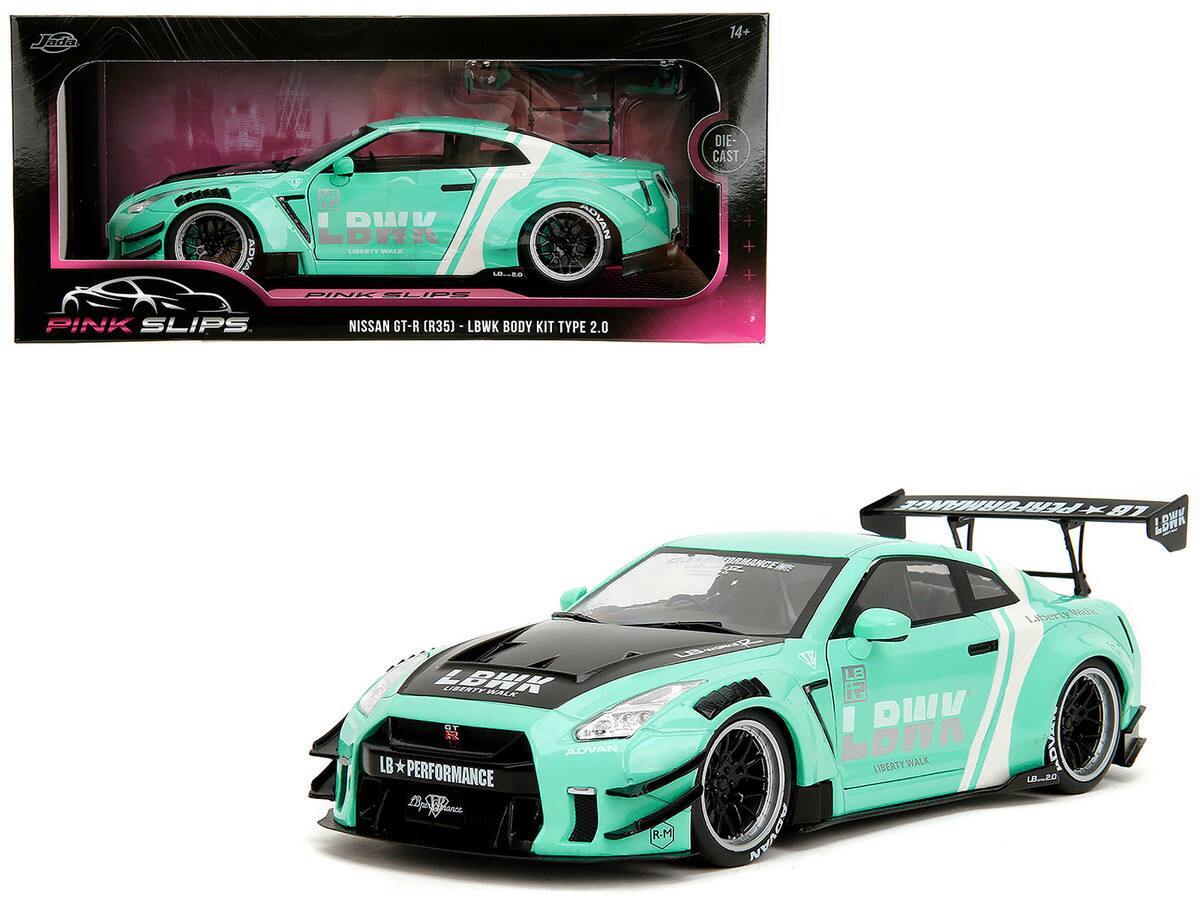 Nissan GT-R R35 Liberty Walk 2.0 RHD Light Blue Black Hood White Stripes Pink Slips Series 1/18 Diecast by Jada - Light Blue and Black