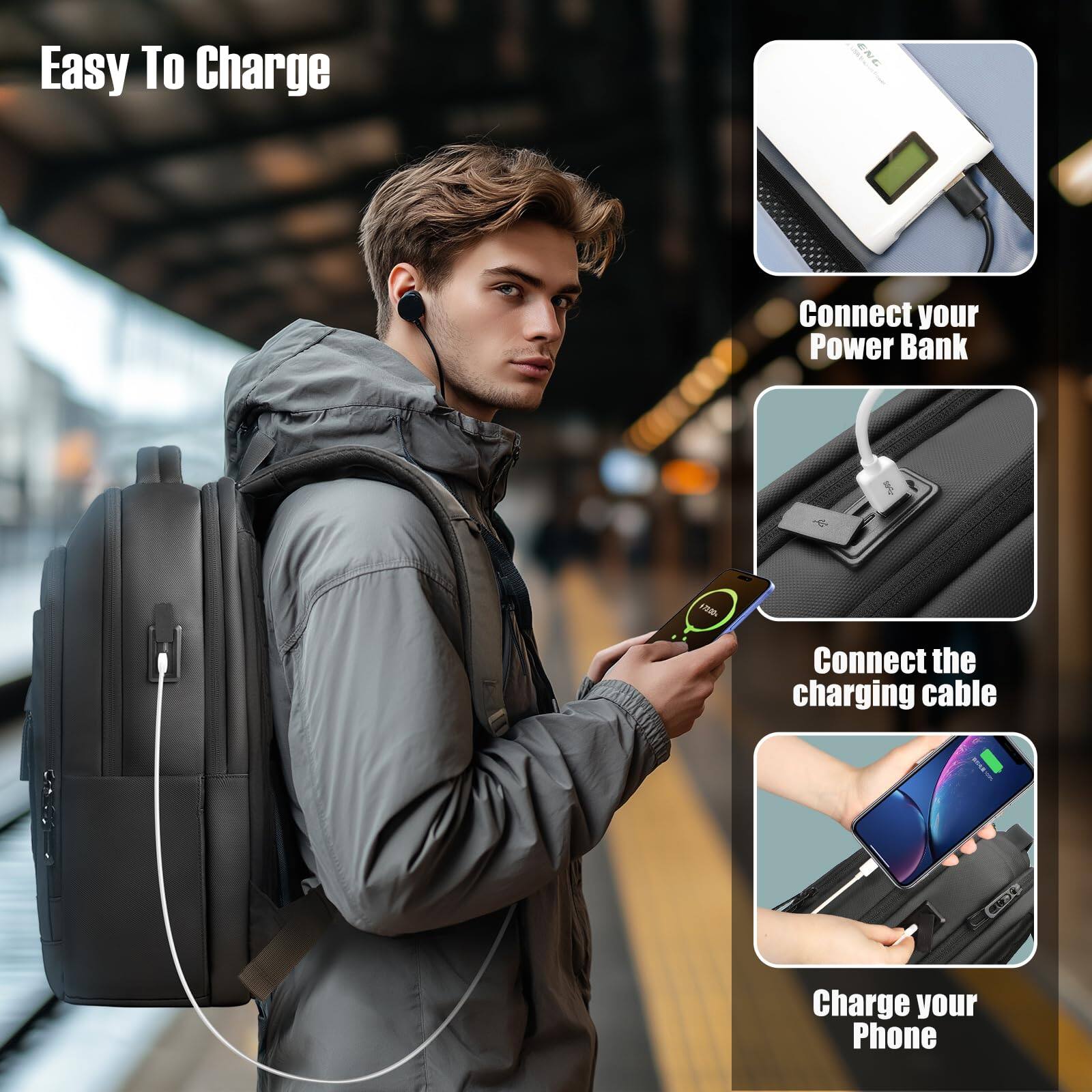 Alt View 2. Live At Space - Laptop Backpack For Men Business 16 Inch Computer Bag With Usb Charging Port Water Resistant Travel Daypack Casual - Default.