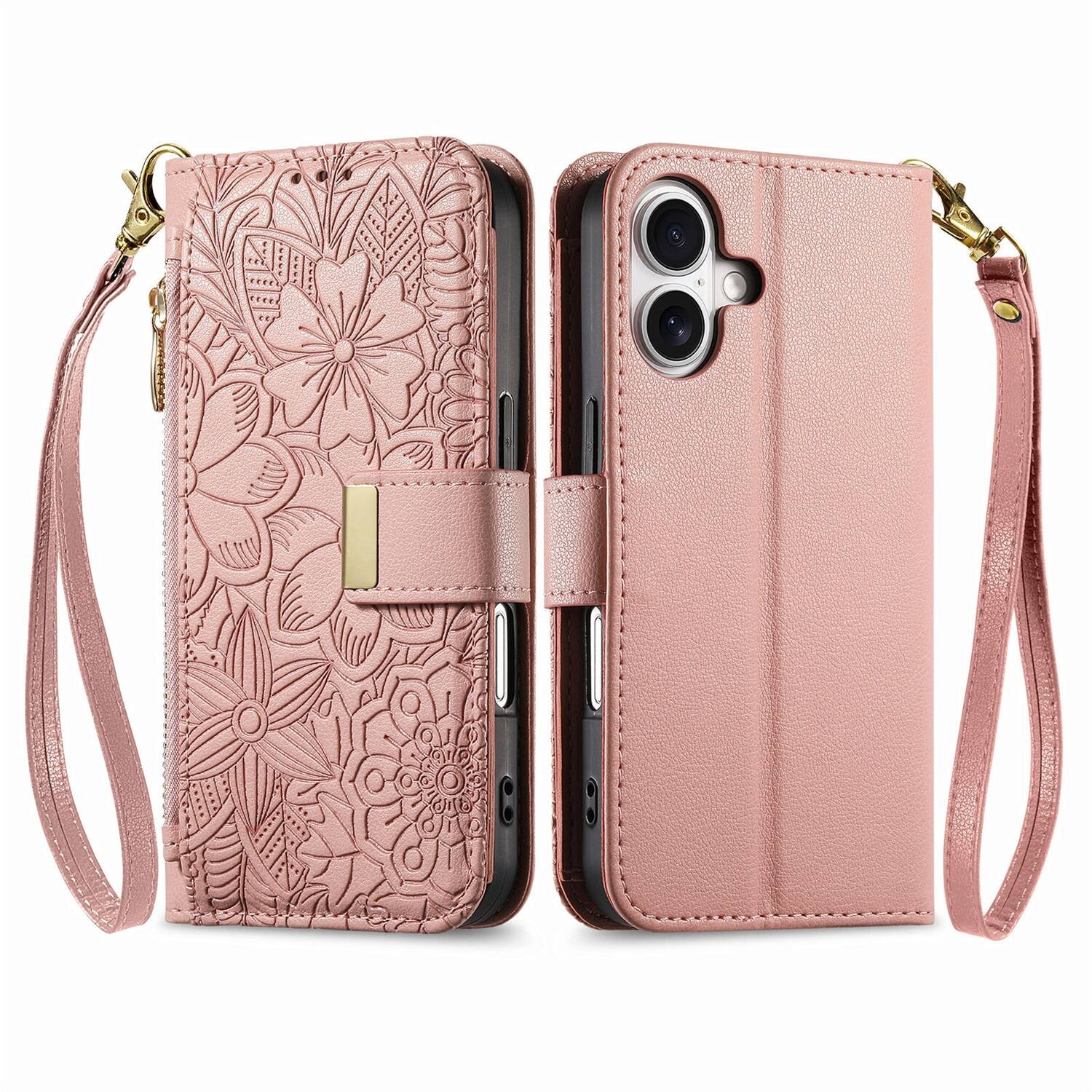 Angle. UUCOVER - Floral PU Leather Wallet Case for iPhone 16 Plus with Zipper Pocket, Card Slots,Shoulder & Wrist Strap, Stand Cover - Rosegold.