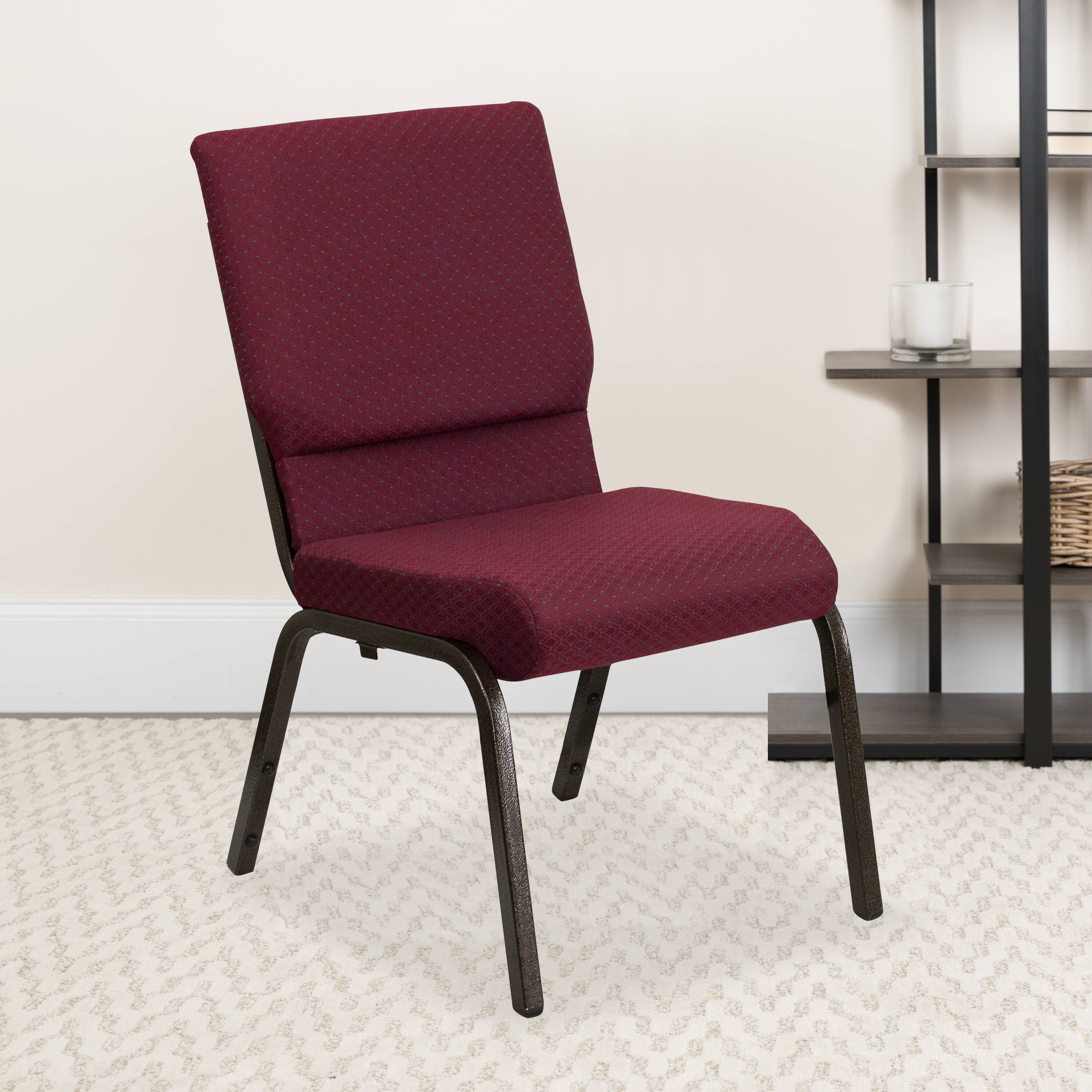 Alt View 2. Emma + Oliver - 4 Pack 18.5''W Stacking Church Chair - Burgundy Patterned Fabric/Gold Vein Frame.