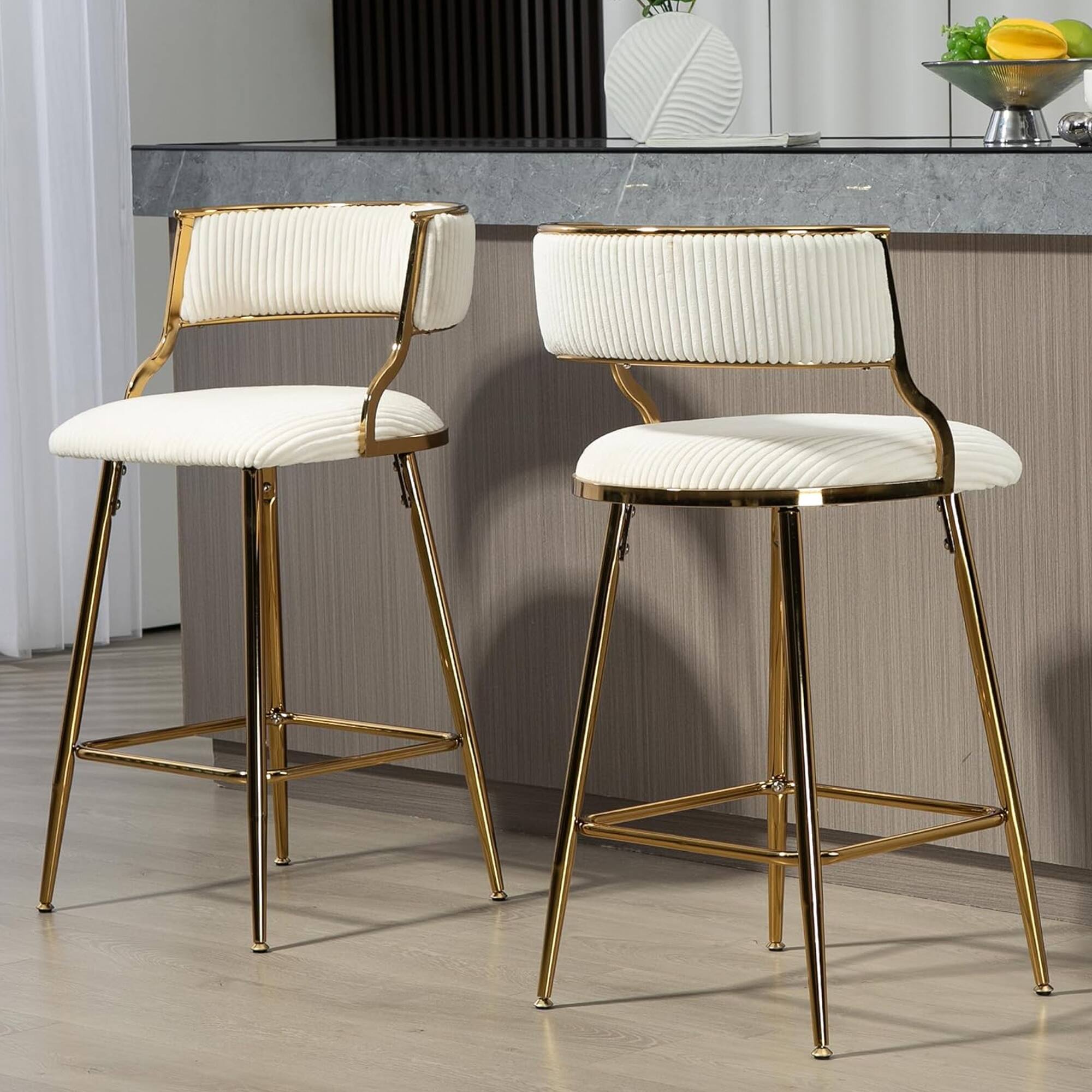 Alt View 7. HTUTWOO - Bar Stools Set of 2, Corduroy Upholstered Counter Height Chairs with Curved Back and Footrest for Kitchen Island, Pub - Beige .