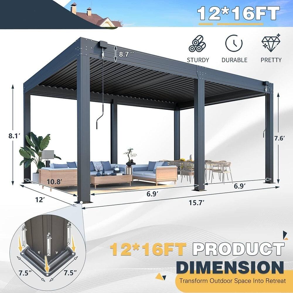 12*16FT  
STURDY DURABLE PRETTY  
8.7"  
8.1'  
7.6'  
10.8'  
12'  
6.9'  
15.7'  
6.9'  
7.5"  
7.5"  
12*16FT PRODUCT DIMENSION  
Transform Outdoor Space Into Retreat