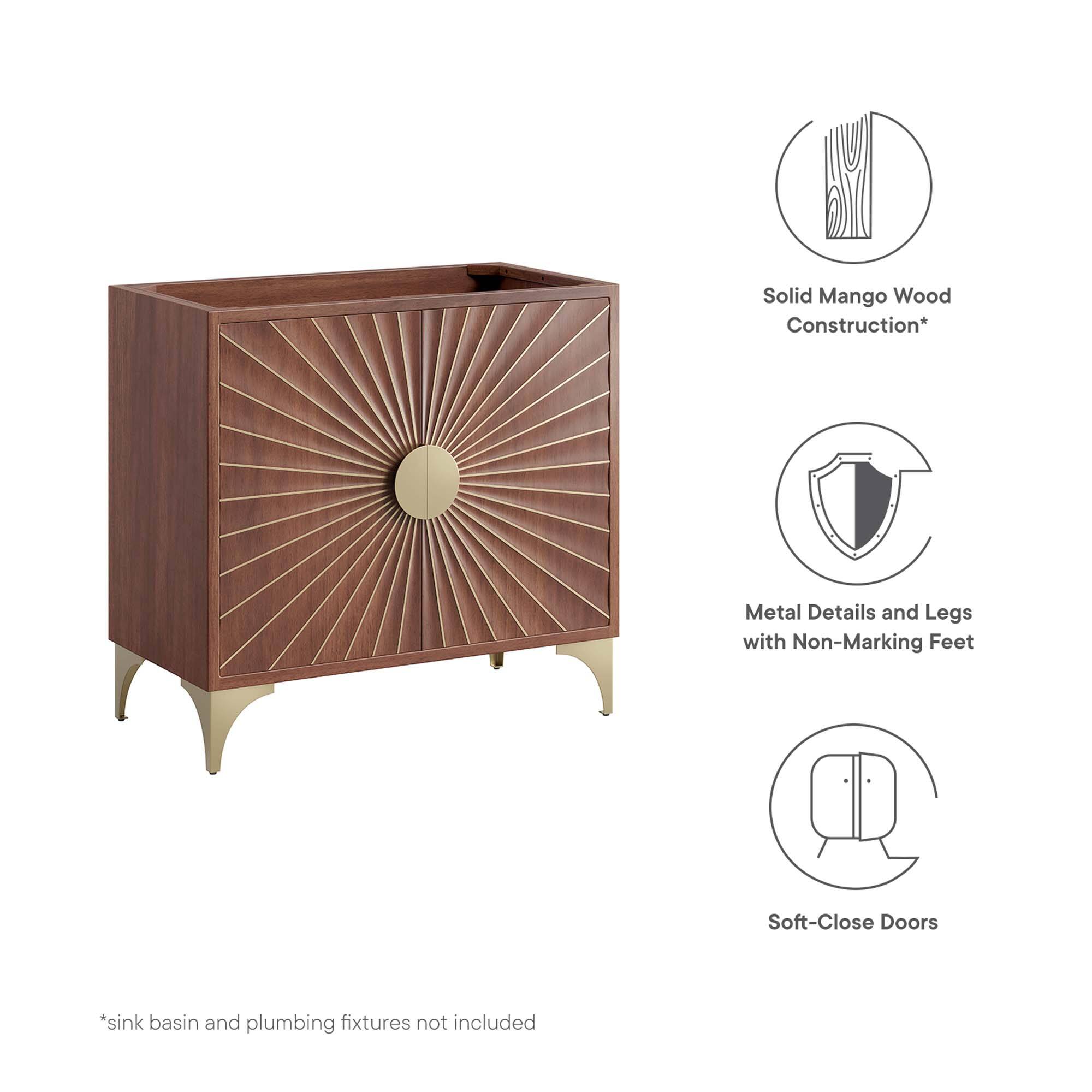 Solid Mango Wood Construction*  
Metal Details and Legs with Non-Marking Feet  
Soft-Close Doors  
*Sink basin and plumbing fixtures not included