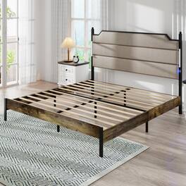 Ecooso - King Size Bed Frame with Upholstered Headboard , Charging Station and LED Lights,Easy Assembly,No Box Spring Needed - Brown