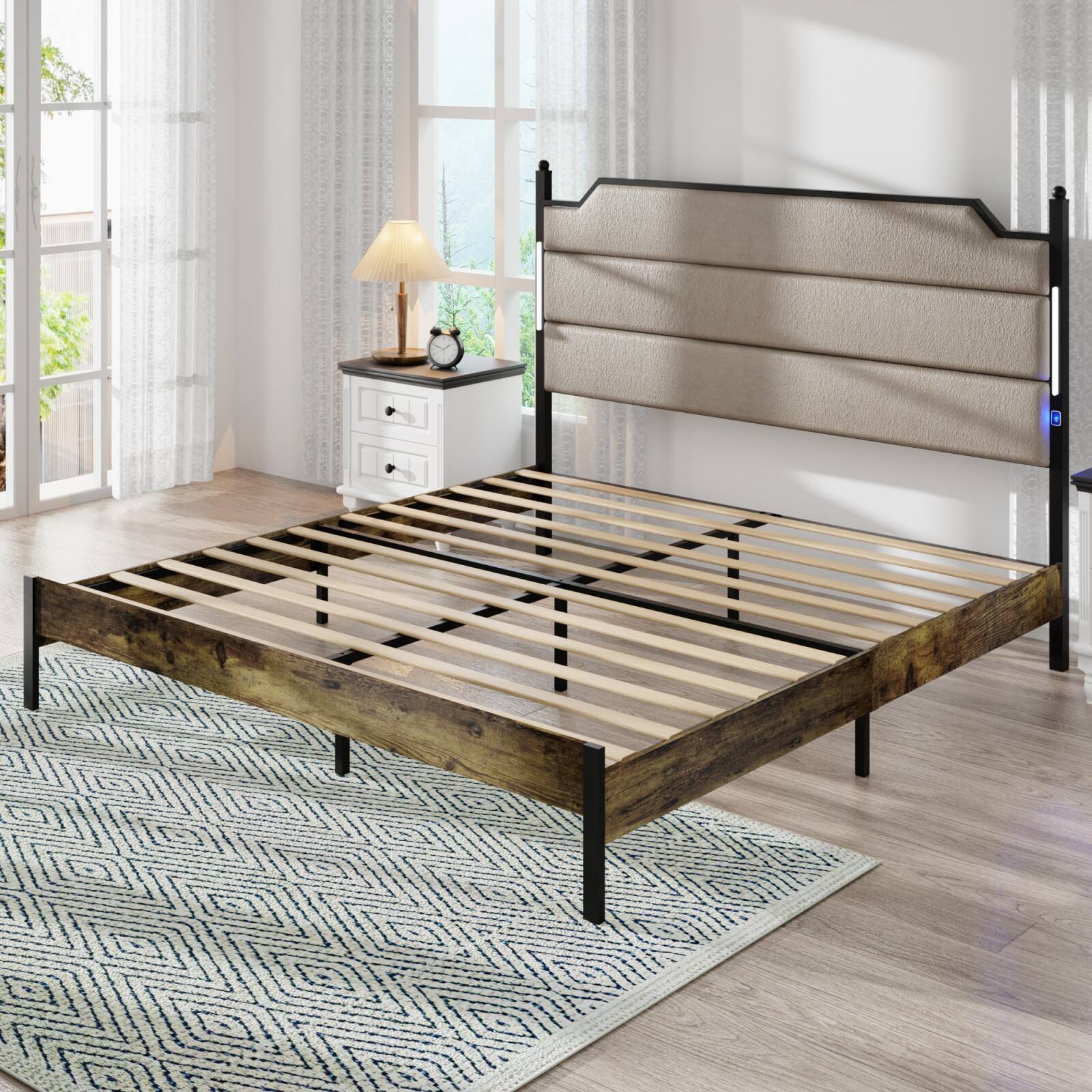 Front. Ecooso - King Size Bed Frame with Upholstered Headboard , Charging Station and LED Lights,Easy Assembly,No Box Spring Needed - Brown.
