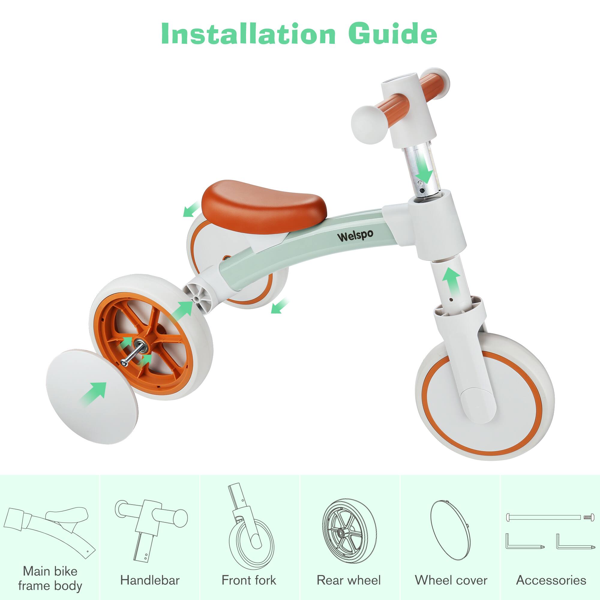 Installation Guide

- Main bike frame body
- Handlebar
- Front fork
- Rear wheel
- Wheel cover
- Accessories
