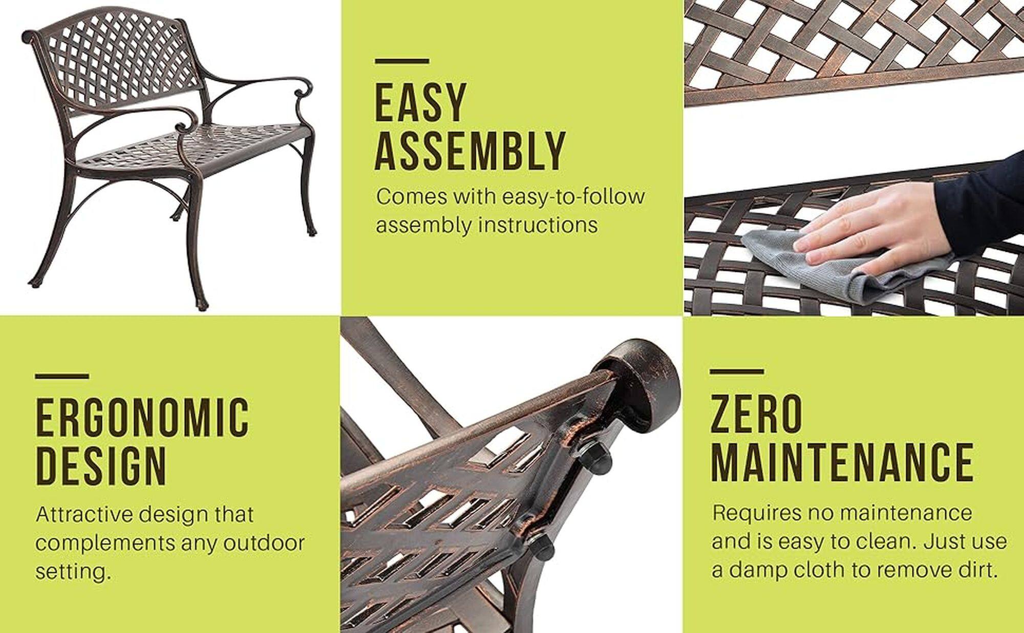 Easy Assembly: Comes with easy-to-follow assembly instructions.
Ergonomic Design: Attractive design that complements any outdoor setting.
Zero Maintenance: Requires no maintenance and is easy to clean. Just use a damp cloth to remove dirt.