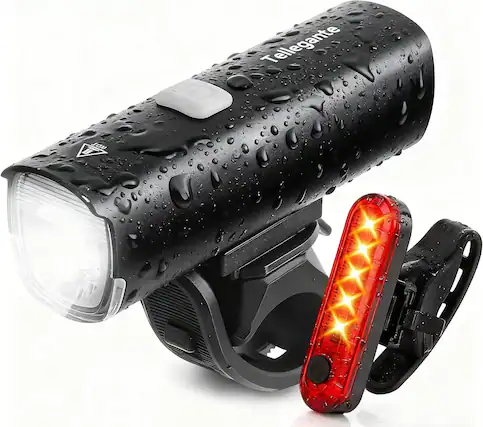 Front. FINEAK - 6000mAh 1200 Lumen Rechargeable Front & Rear Bike Light Set - Black.