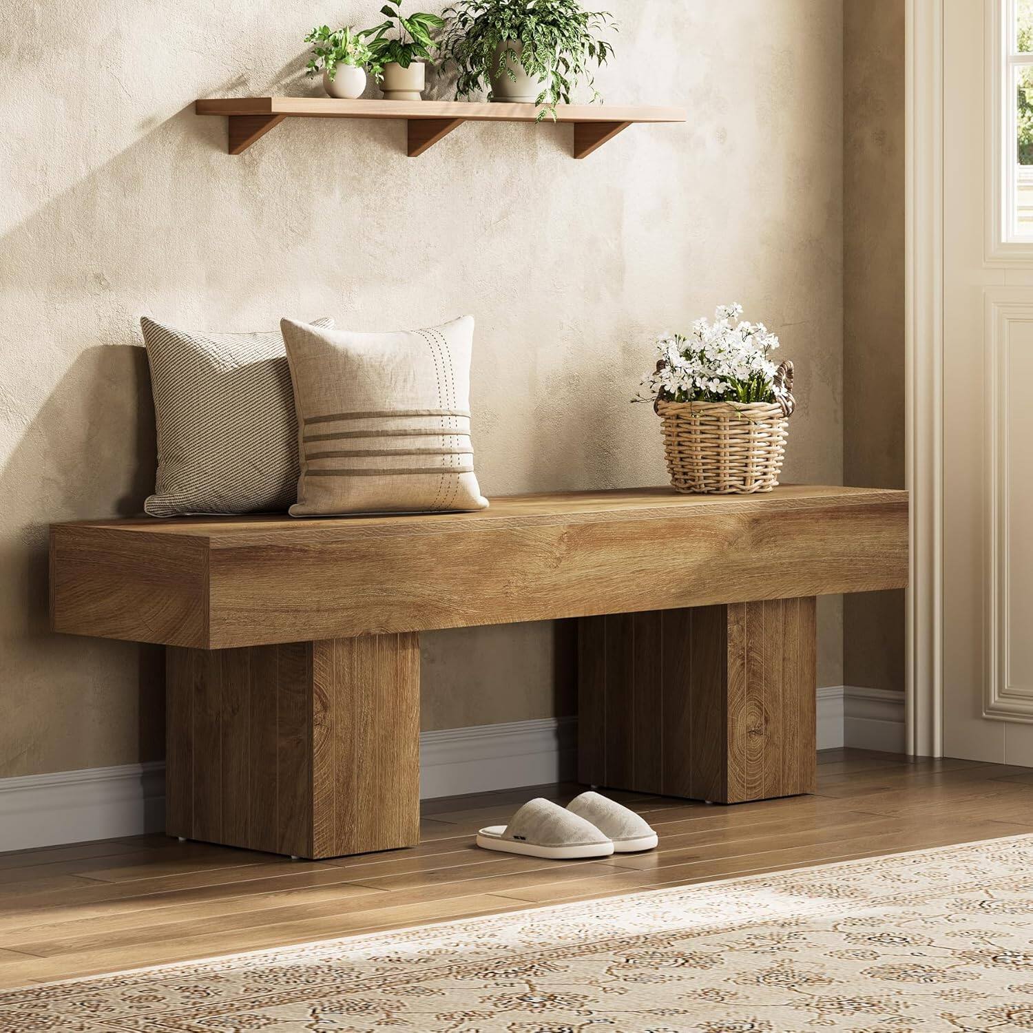 Front. Tribesigns - Office Reception Bench with Engineered Wood Construction, for Office Entryways and Waiting Areas - Brown.
