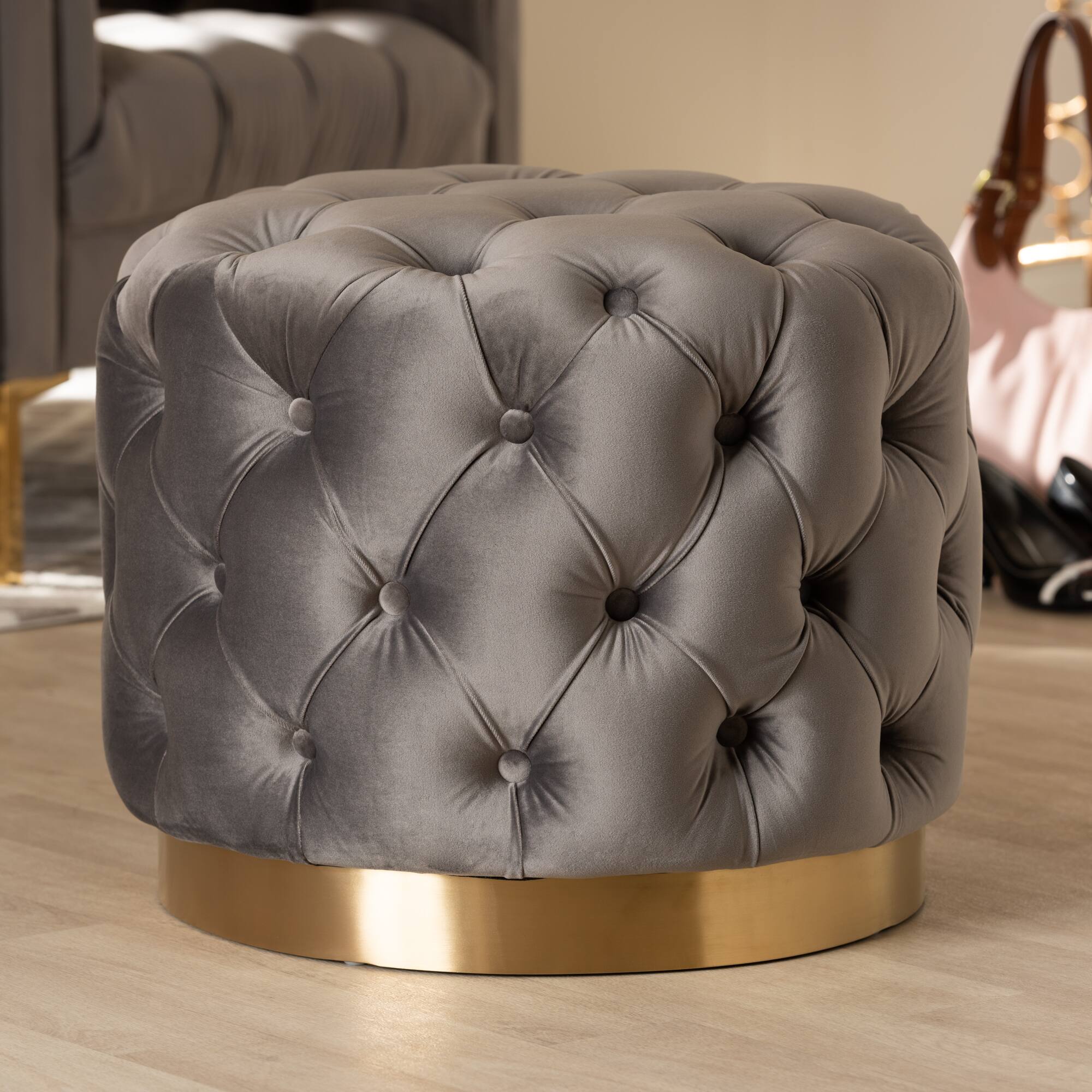 Left. Baxton Studio - Valeria Glam Velvet Fabric Upholstered Gold-Finished Button Tufted Ottoman - Gray/Gold.