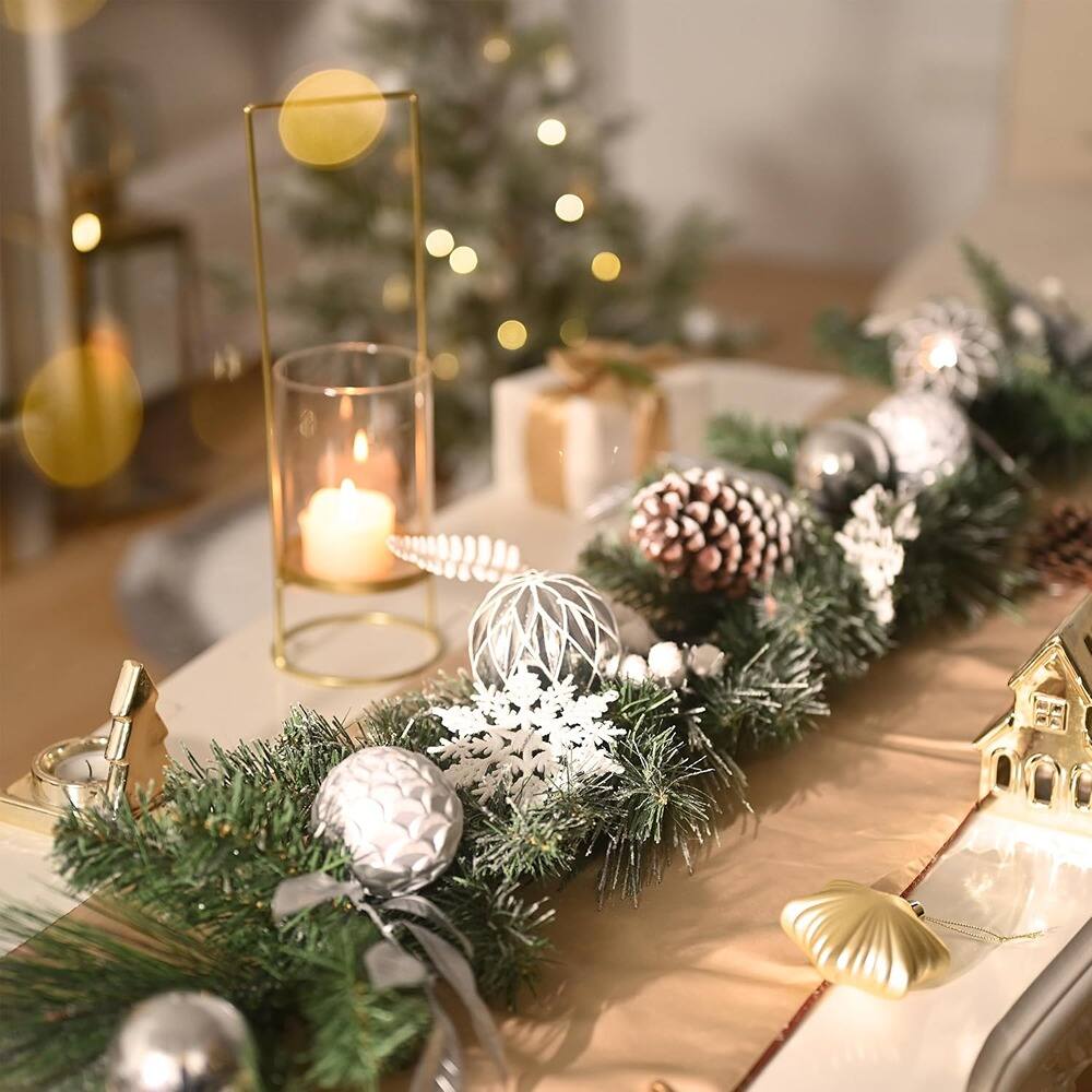 Left. RTMB - 9 ft Pre-Lit Christmas Garland with Lights, Greenery w/ White Balls & Pinecones - Silver/White.
