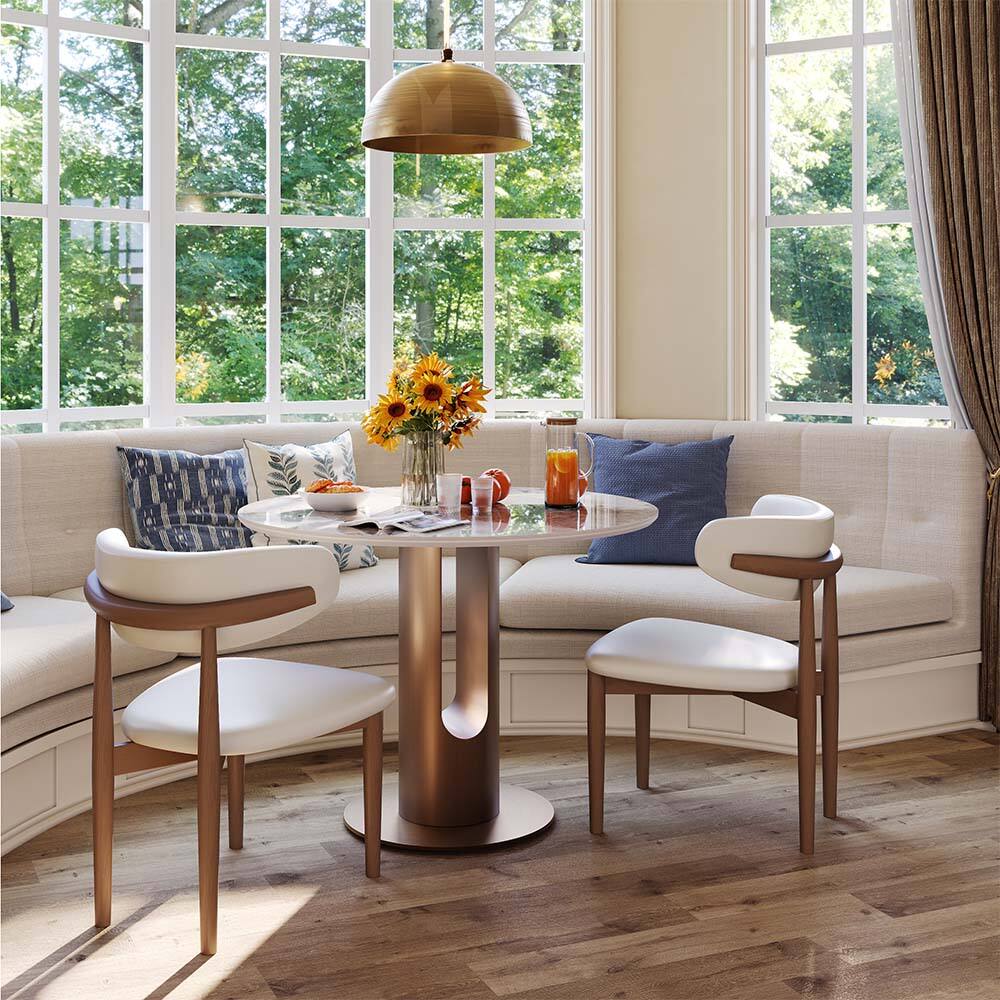 Left. POVISON - 35" Modern Bistro Table for Breakfast Nook & Compact Spaces, Glossy Pandora Sintered Stone Top with Bronze Metal Base - Pandora.