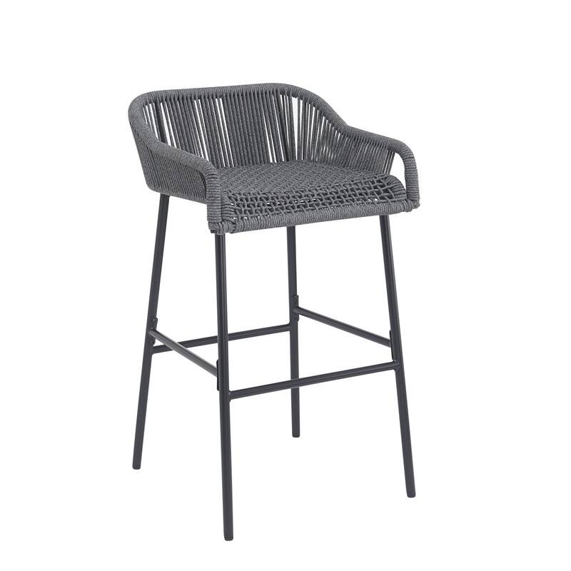 Alt View 3. HTUTWOO - Barstool Set of 2, UV-Resistant Woven Seat, Black Metal Frame, Outdoor High Chairs for Garden Poolside Balcony - Dark Gray.
