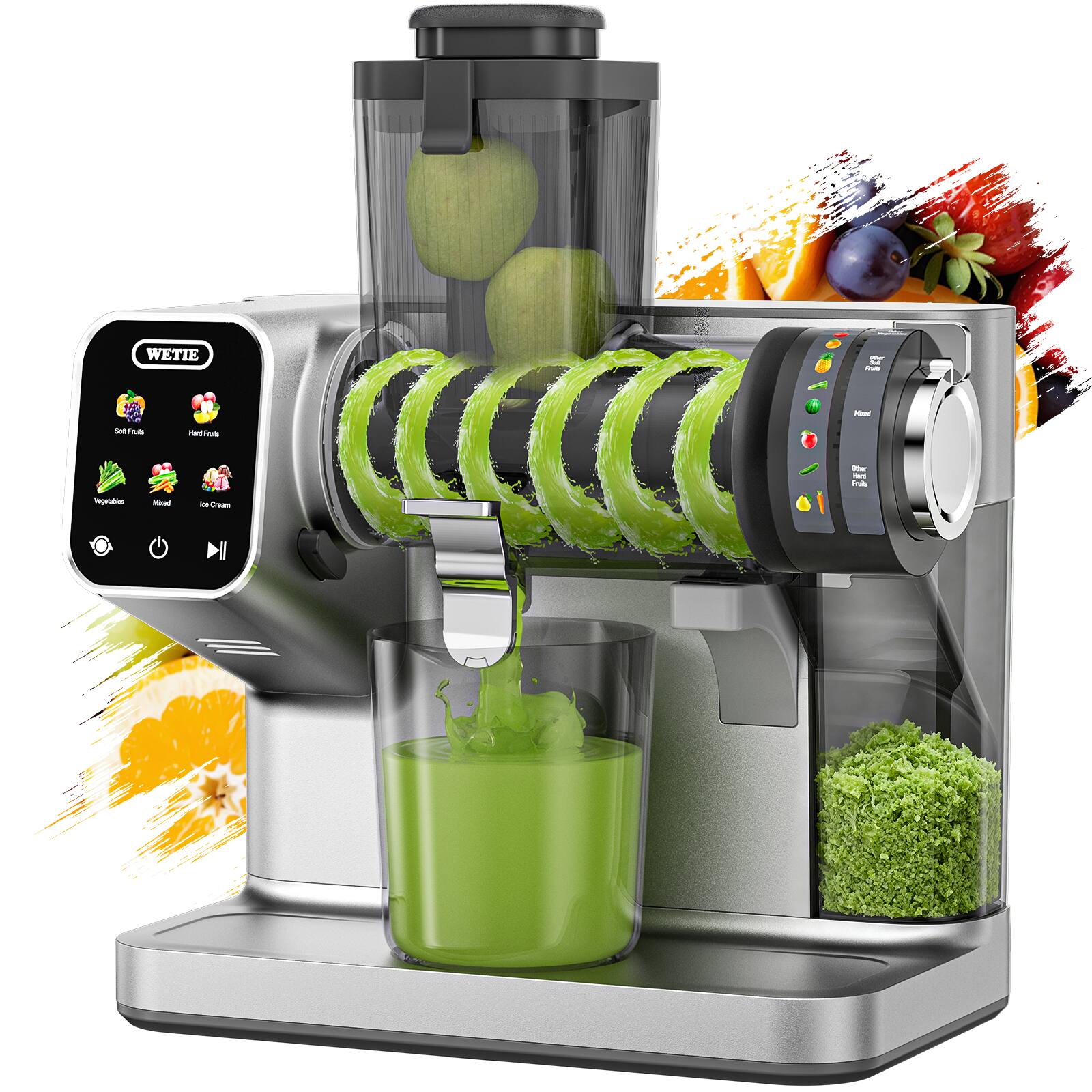 WETIE - Cold Press Juicer Machine, Adjustable Juicing Pressure, Touch Screen Quiet Slow Masticating, 99% High Juice Yield - Gray