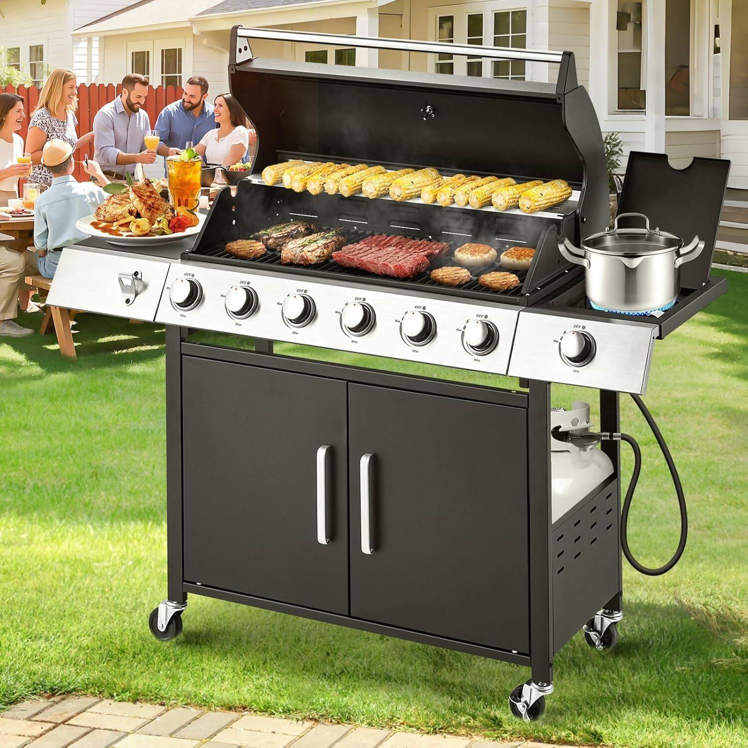Alt View 5. GlowWise - 6-Burner 60,000 BTU Propane BBQ Grill, Upgraded Stainless Steel with Side Stove & Cast Iron Grates for Outdoor Cooking. - Blank.