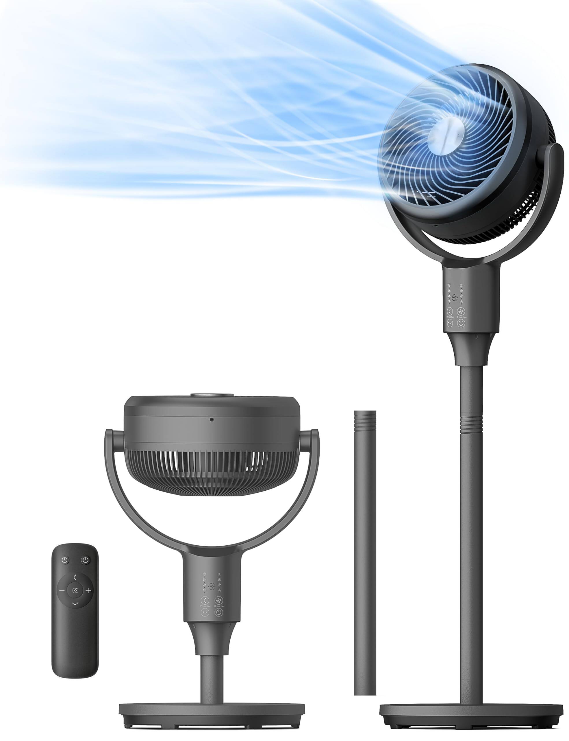 Front. GlowWise - Pedestal Fan with 135°+90° Auto Oscillation, 3 Speeds, Remote, 7H Timer, Memory, Adjustable Height, Quiet for Bedroom. - Grey.