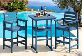SERWALL - 3 Pieces HDPE Bar Height Chairs and Table Set, Tall Adirondack Chairs and Bar Table with Umbrella Hole - Blue