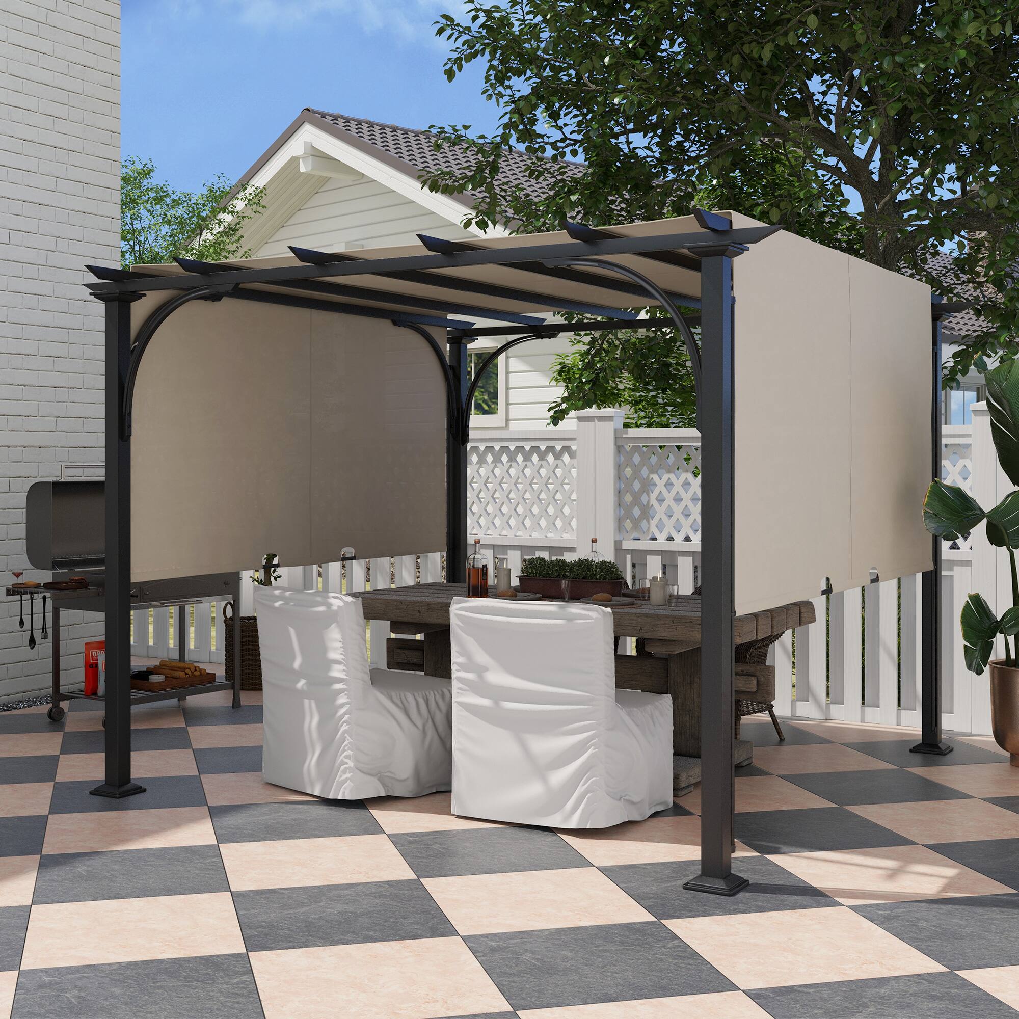 Angle. Outsunny - 10' x 10' Patio Pergola with Weather-Resistant Steel Frame, Backyard Sun Shade Canopy Cover Shelter for Porch Party - Beige.