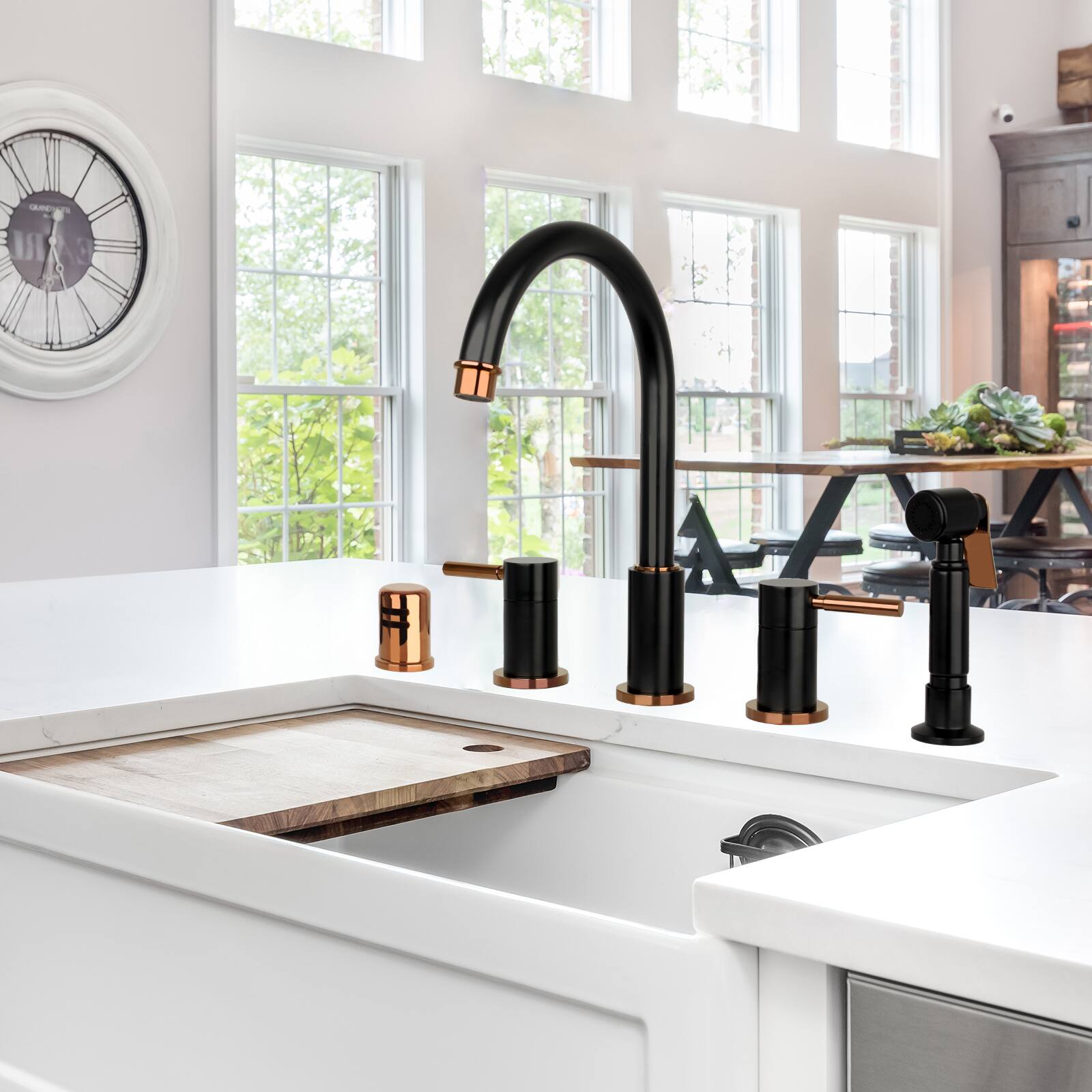 Alt View 4. Akicon - Akicon Solid Brass Double-Handle 360° Swivel Widespread Kitchen Faucet with Side Sprayer in Matte Black & Rose Gold - Matte Black & Rose Gold.