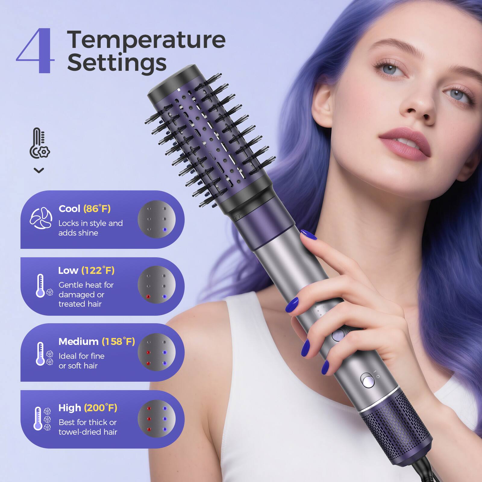 4 Temperature Settings

- Cool (86°F)
  - Locks in style and adds shine

- Low (122°F)
  - Gentle heat for damaged or treated hair

- Medium (158°F)
  - Ideal for fine or soft hair

- High (200°F)
  - Best for thick or towel-dried hair