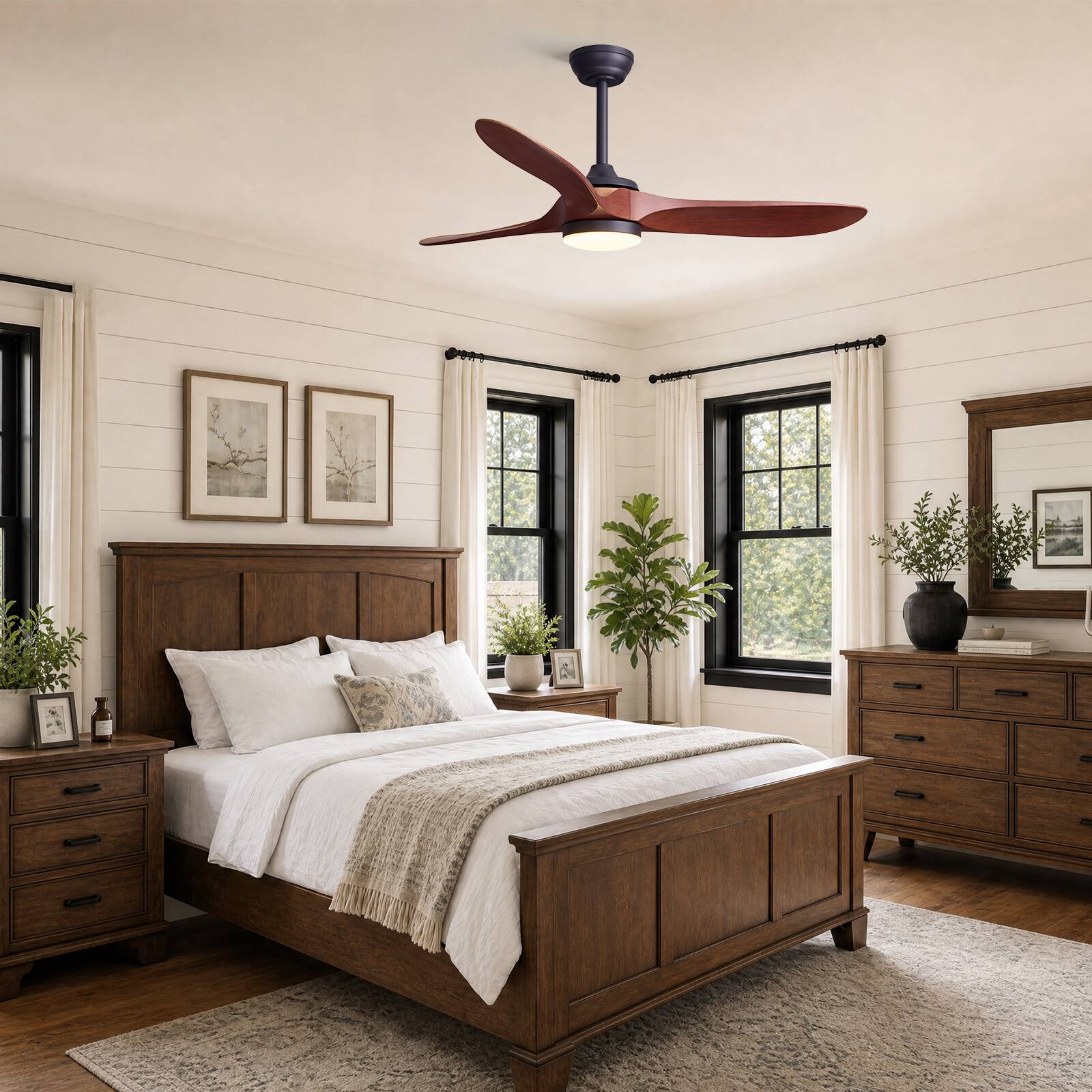 Back. Siljoy - 52 Inch 3-Blade Red Brown Solid Wood Ceiling Fan with LED Light, Remote & App Control for Bedroom Living Room - BROWN.