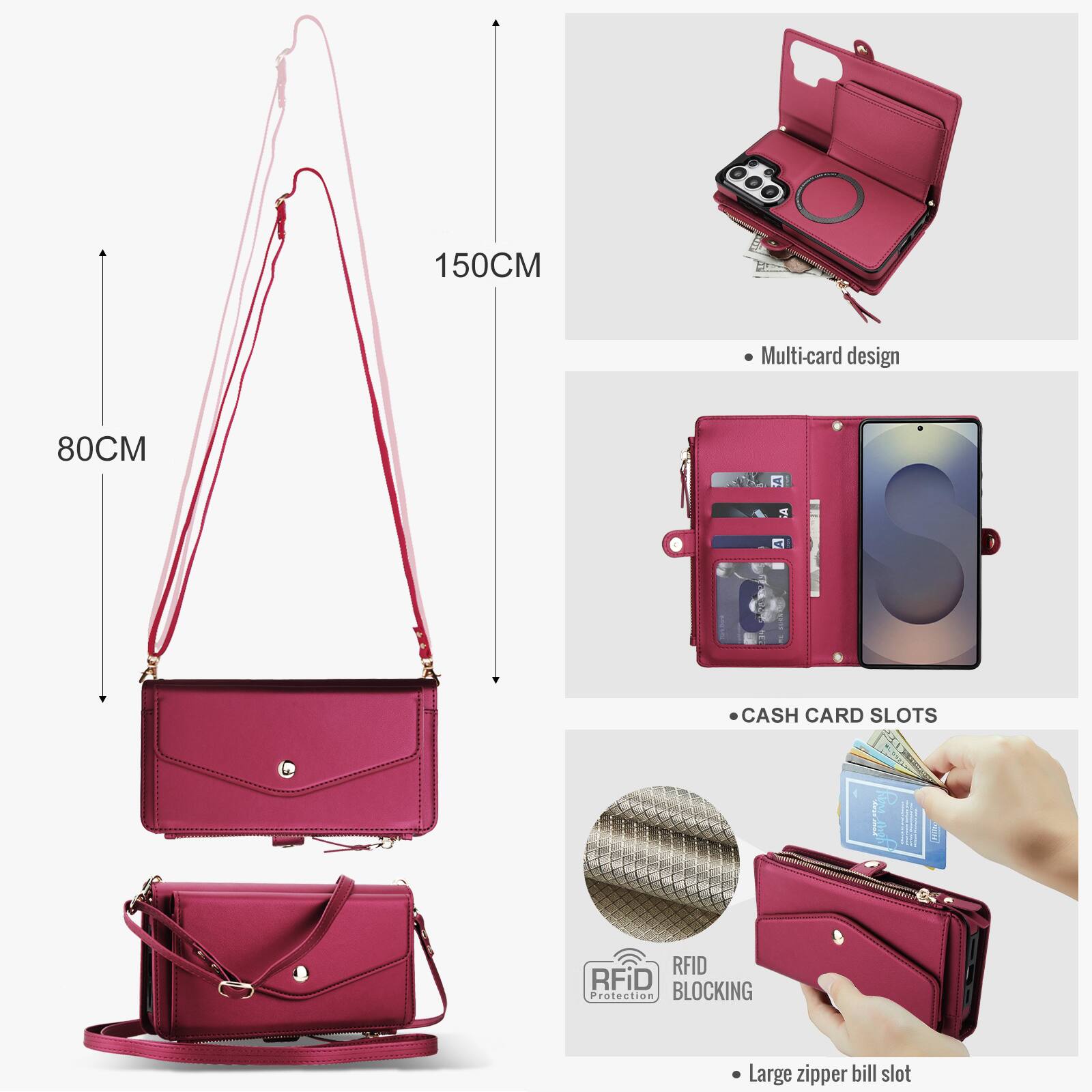 150CM  
80CM  
Multi-card design  
CASH CARD SLOTS  
RFID Protection BLOCKING  
Large zipper bill slot