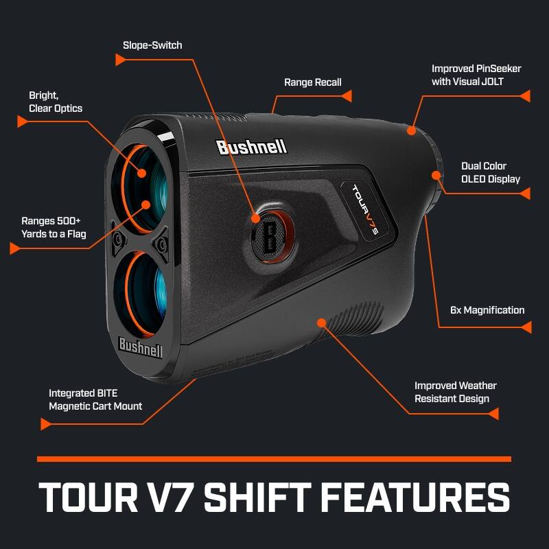 - Slope-Switch
- Bright, Clear Optics
- Ranges 500+ Yards to a Flag
- Range Recall
- Improved PinSeeker with Visual JOLT
- Dual Color OLED Display
- 6x Magnification
- Integrated BITE Magnetic Cart Mount
- Improved Weather Resistant Design

TOUR V7 SHIFT FEATURES