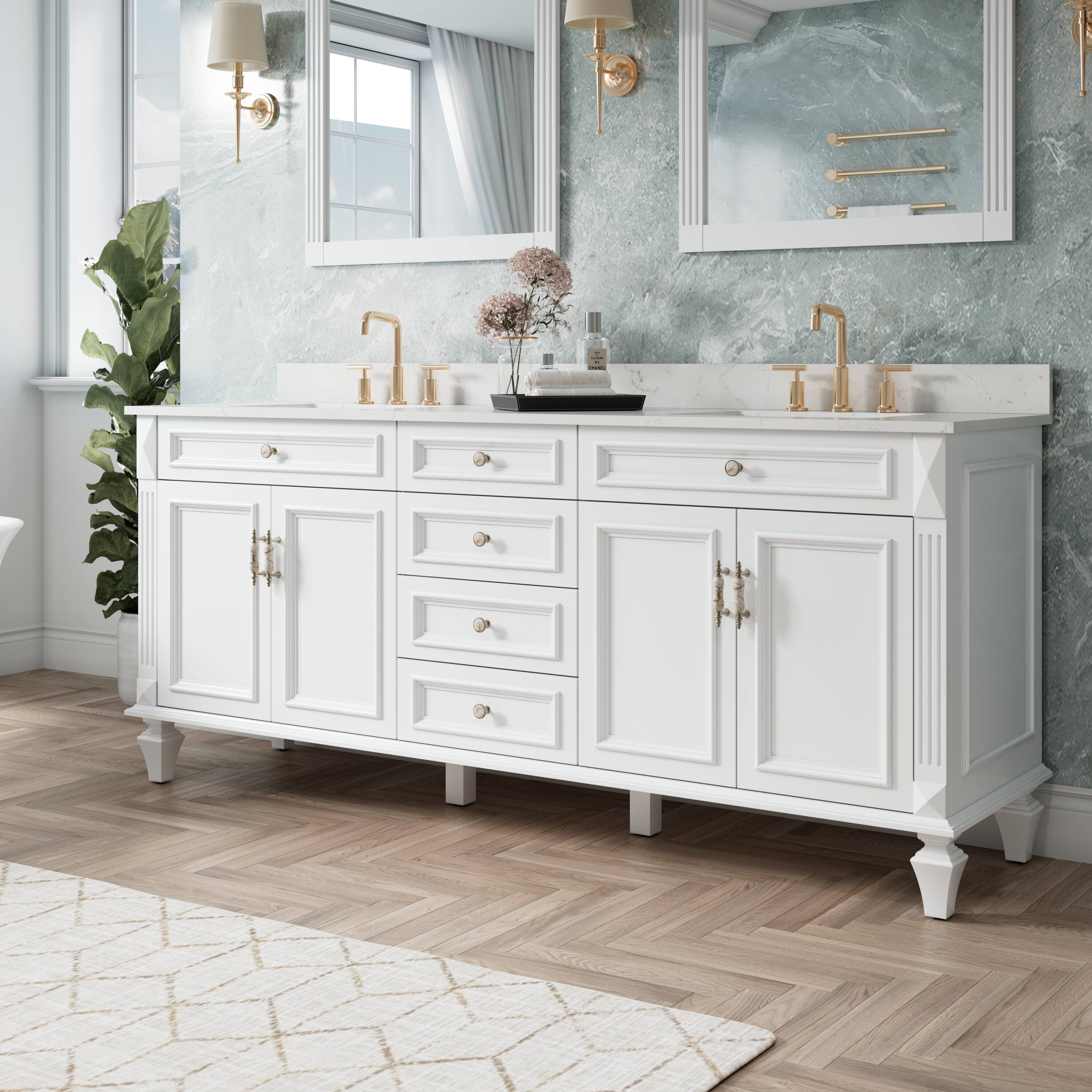 Angle. WELLFOR - ARTWOOD 80 in. Solid Wood Bath Vanity with Quartz Top, Double Sink, Soft Close, Assembled - White.