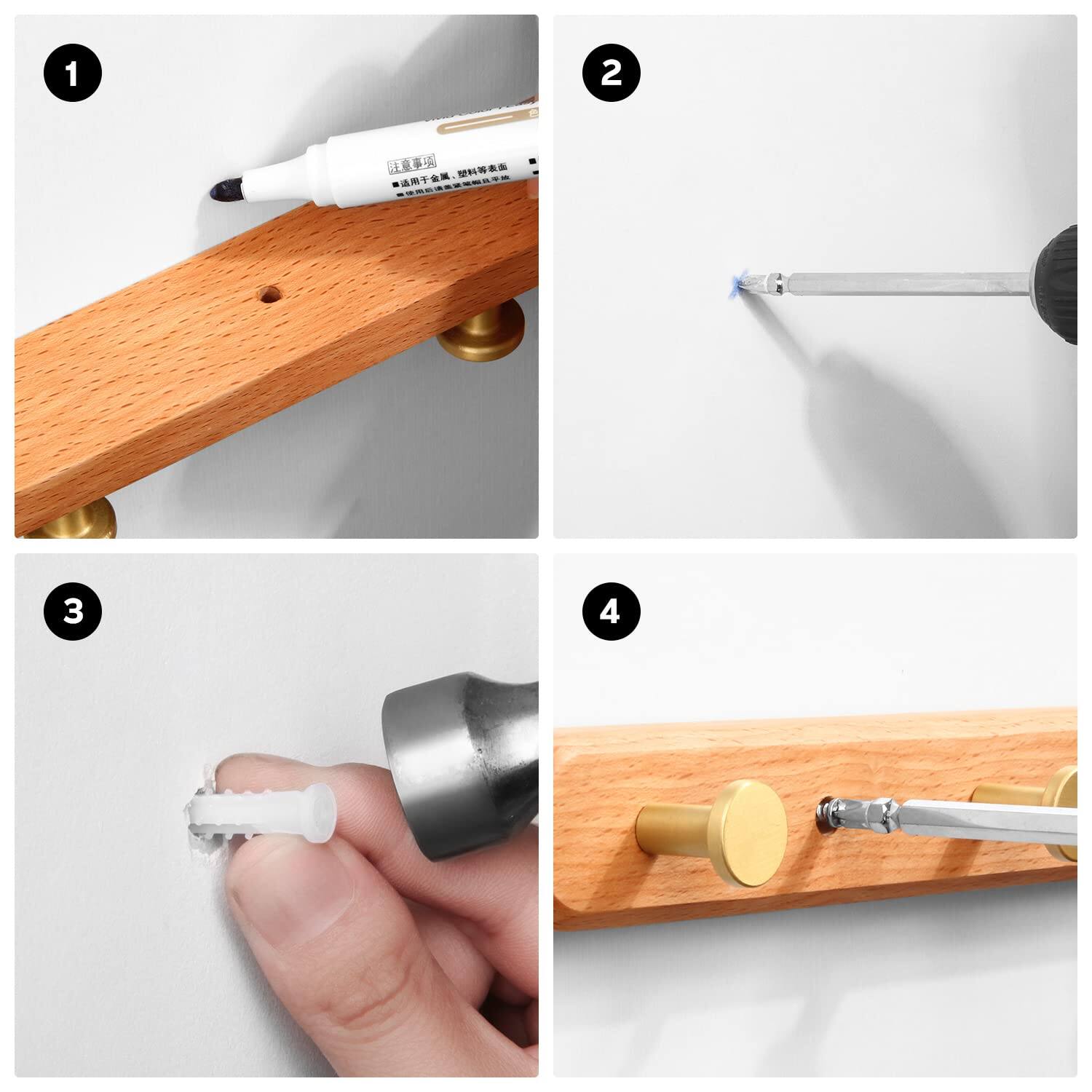 Left. HM 1810 - Coat Rack Wall Mounted Beech Wood Heavy Duty Hooks Metal Hook Rail With 5 For Hanging Coats Backpacks Towels... - Beech-Round Hook-Golden.