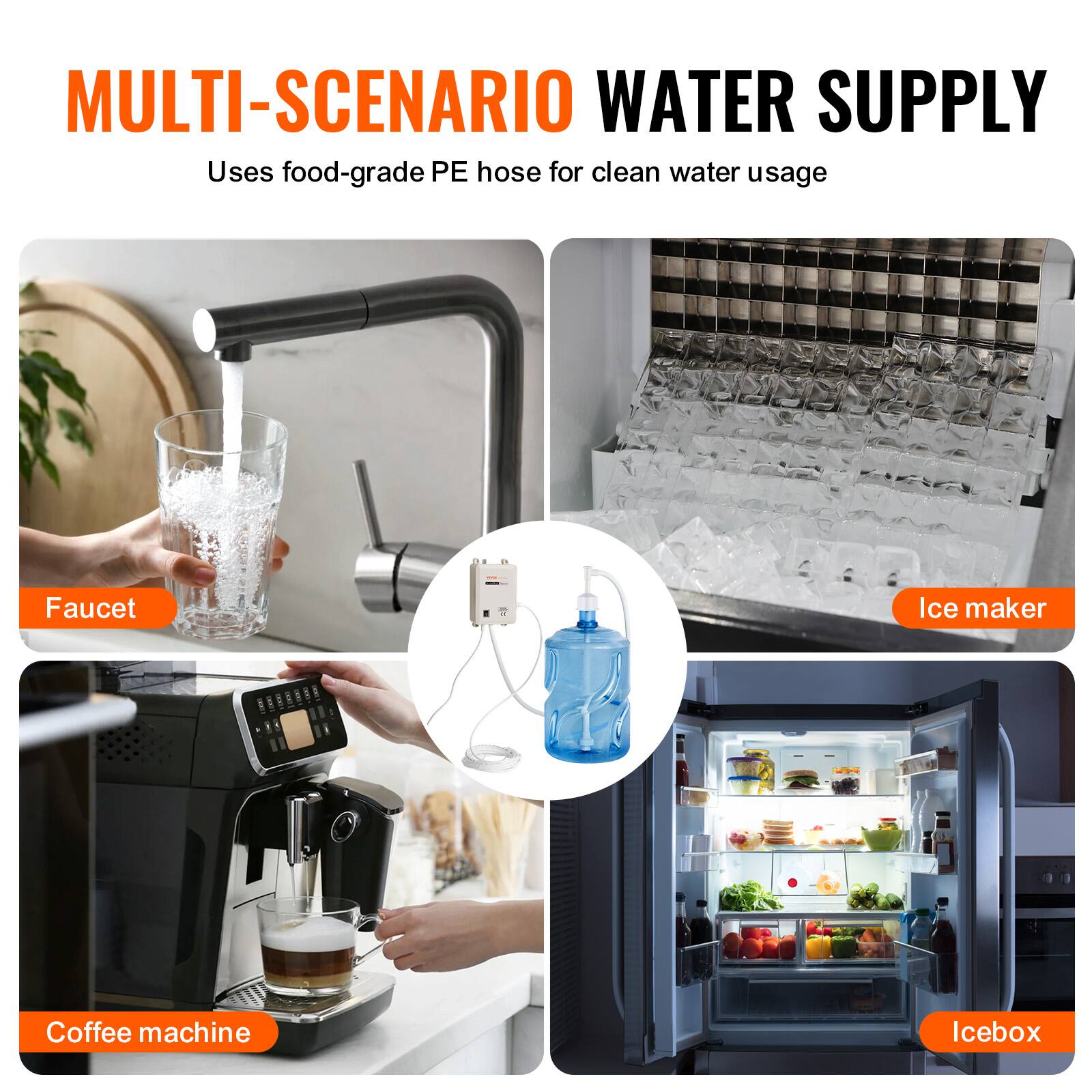 MULTI-SCENARIO WATER SUPPLY  
Uses food-grade PE hose for clean water usage

- Faucet
- Ice maker
- Coffee machine
- Icebox